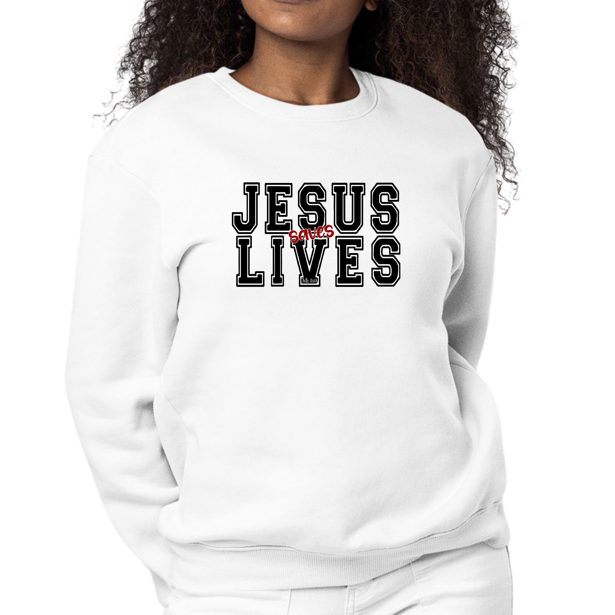 Women's graphic sweatshirt featuring 'Jesus Saves Lives' in black and red illustration, showcasing a comfortable and stylish design.