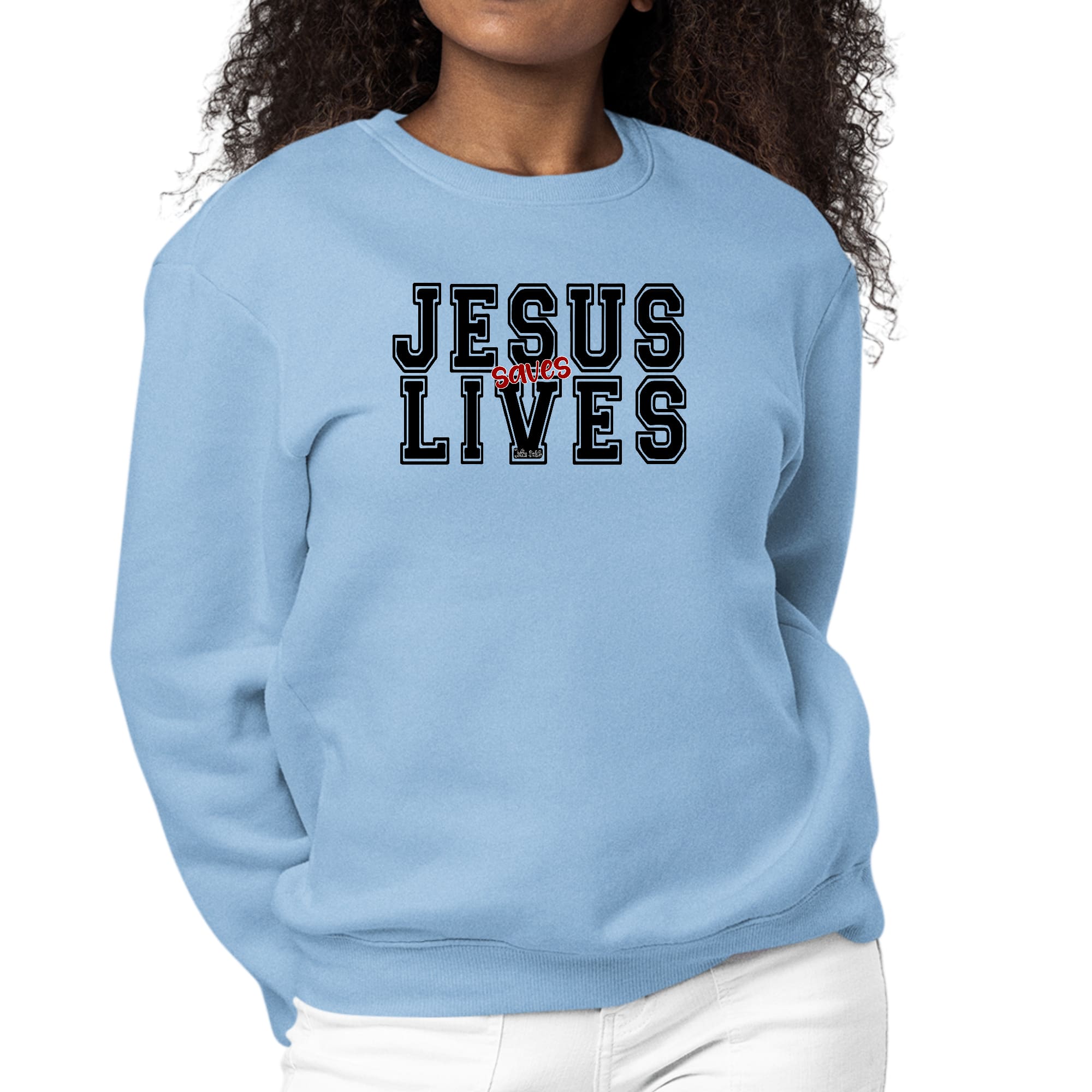 Women's graphic sweatshirt featuring 'Jesus Saves Lives' in black and red illustration, showcasing a comfortable and stylish design.