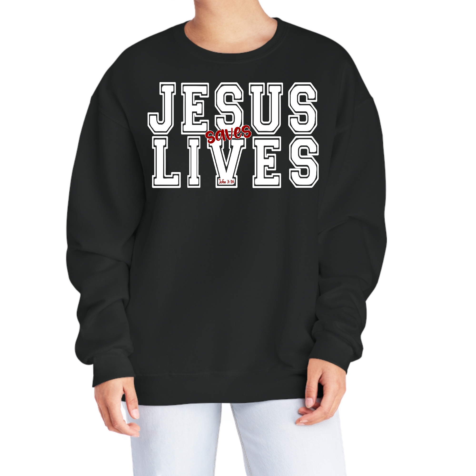 Women's Graphic Sweatshirt featuring 'Jesus Saves Lives' illustration in red on a white background, showcasing a comfortable and stylish design.