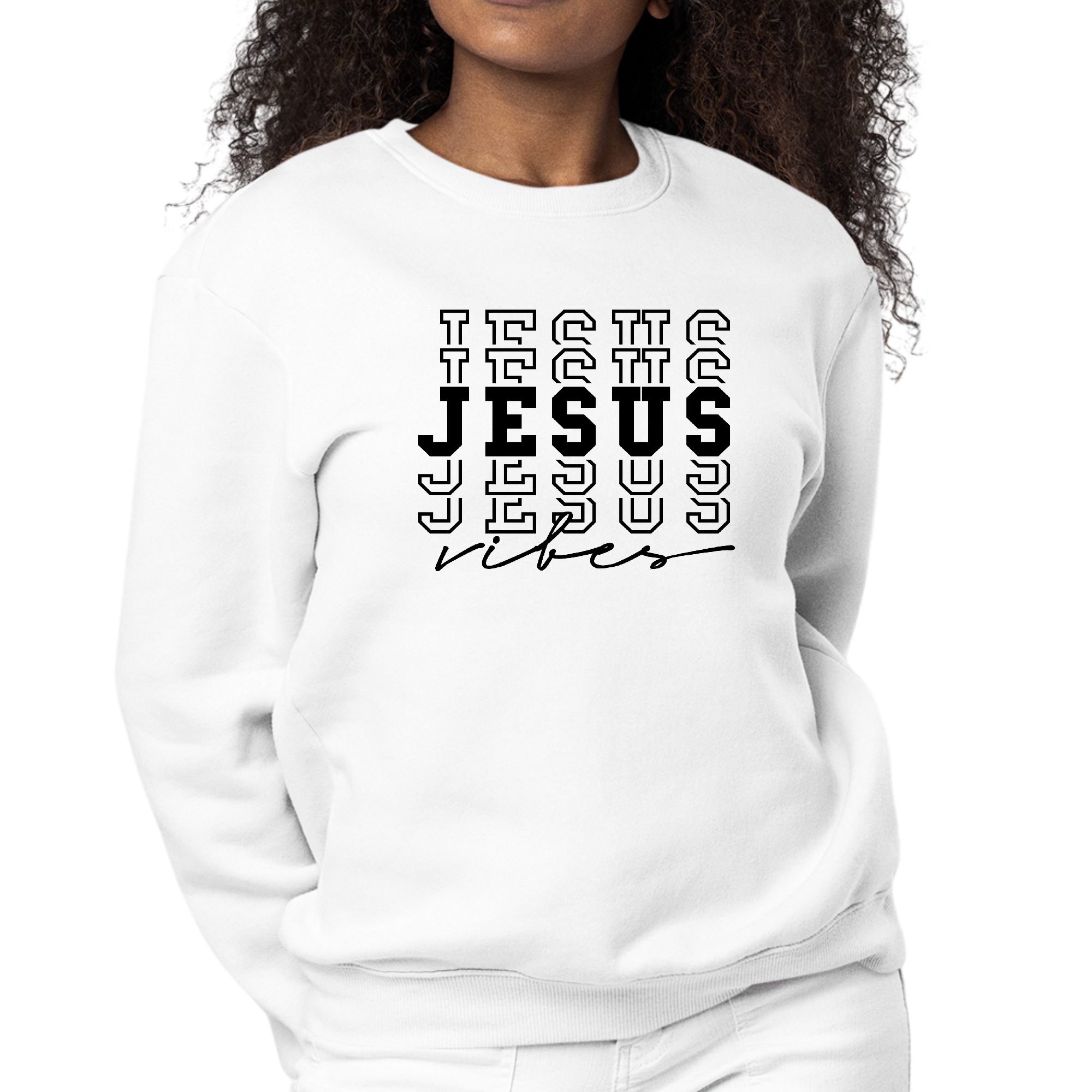 Womens Graphic Sweatshirt featuring Jesus Vibes design, showcasing a soft fabric and unisex fit in various sizes.