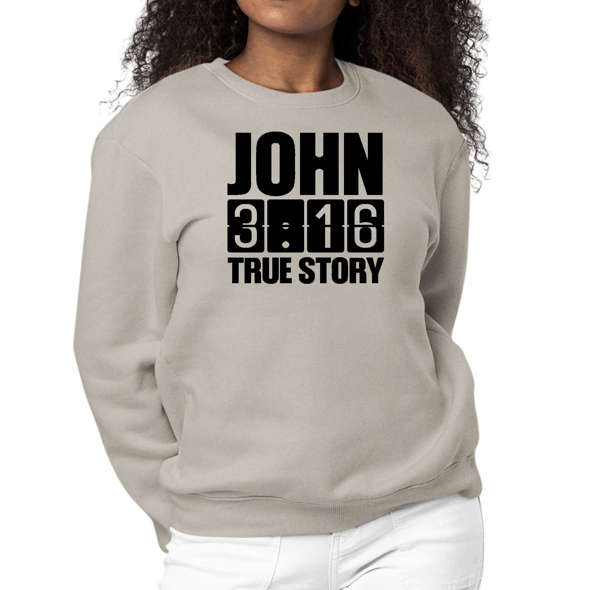 Women's black graphic sweatshirt with John 3:16 True Story print, featuring long sleeves and ribbed collar.