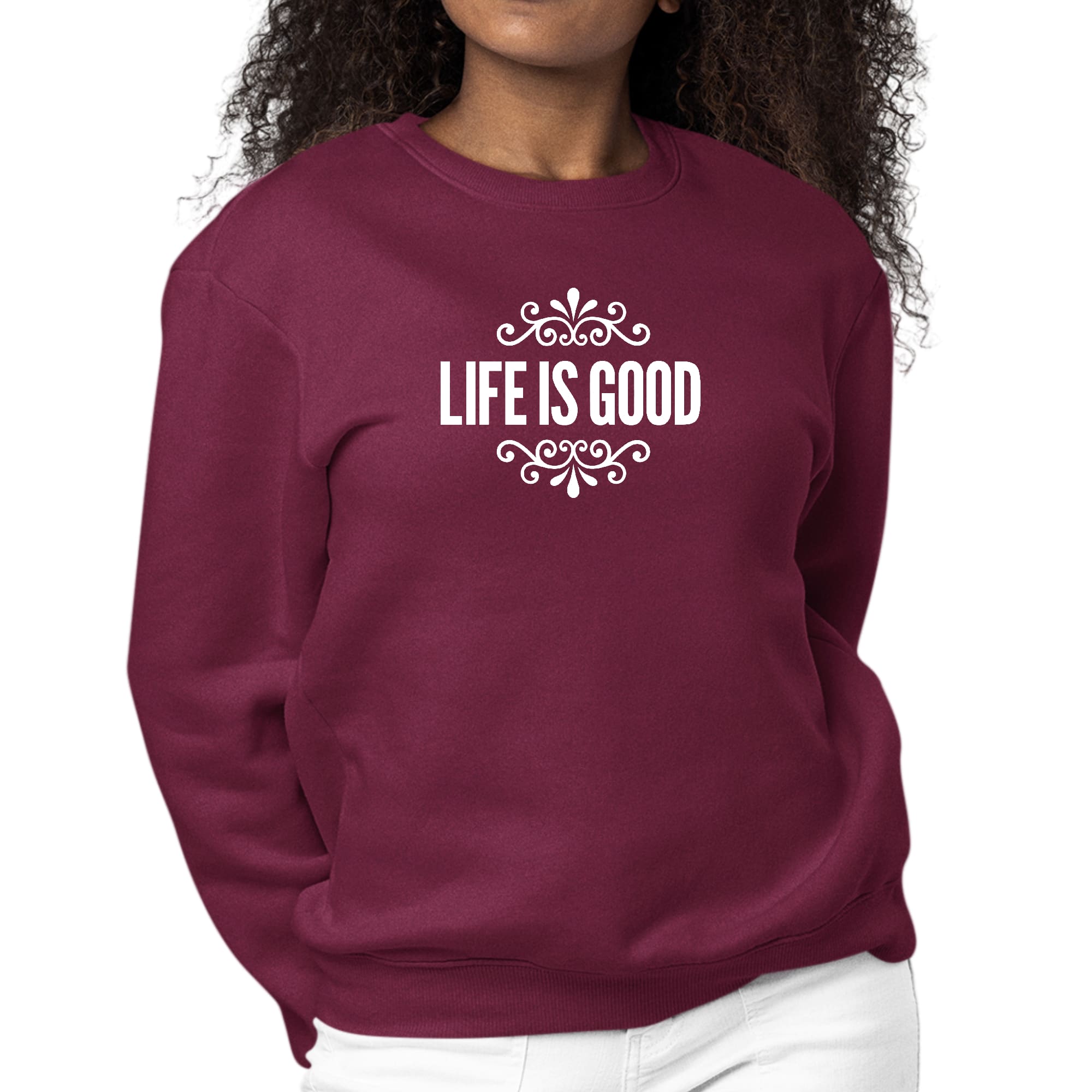 Women's long sleeve graphic sweatshirt featuring 'Life is Good' word art illustration, showcasing comfort and style.