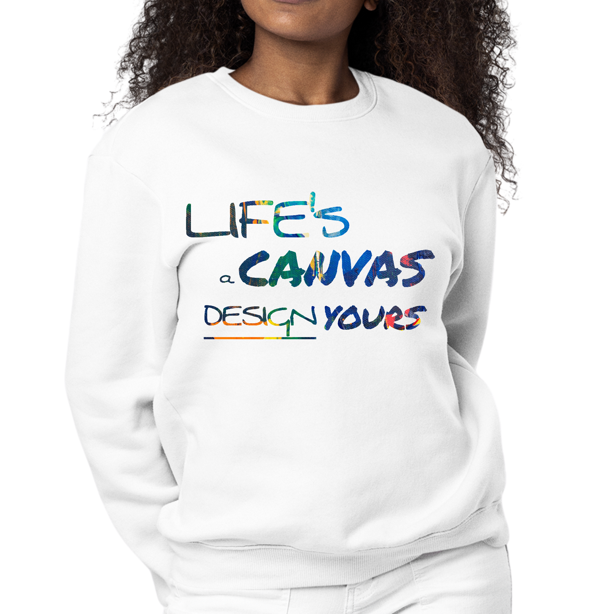 Women's Graphic Sweatshirt with Life's a Canvas design, featuring multicolor print and long sleeves, perfect for casual wear.