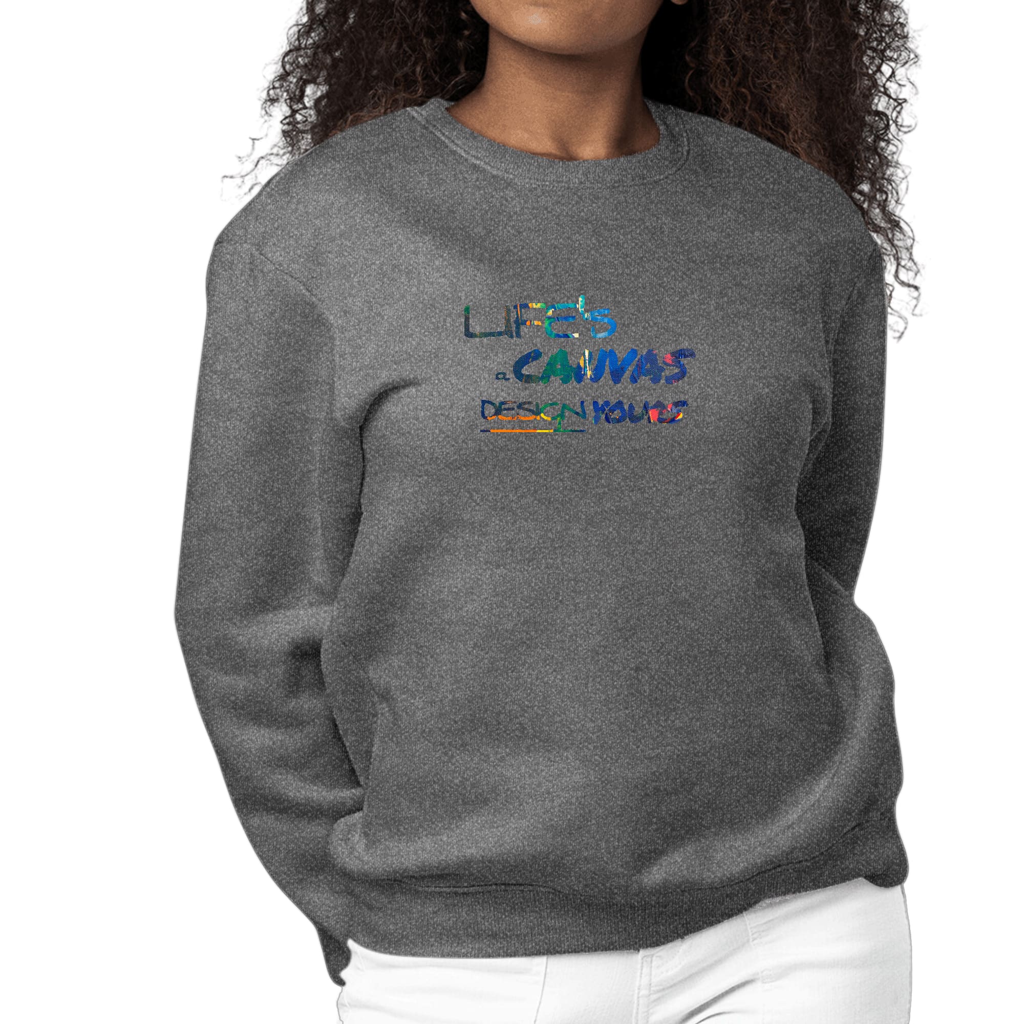 Women's Graphic Sweatshirt with Life's a Canvas design, featuring multicolor print and long sleeves, perfect for casual wear.