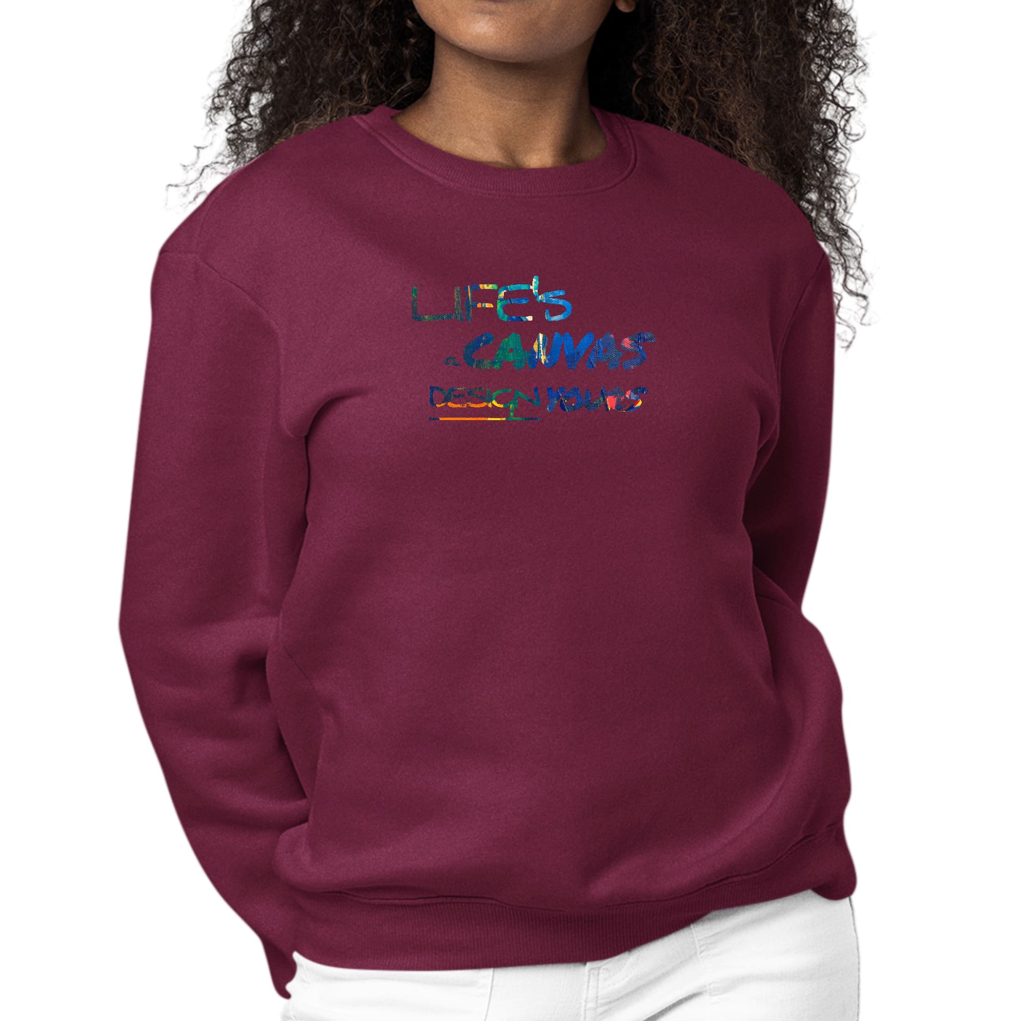 Women's Graphic Sweatshirt with Life's a Canvas design, featuring multicolor print and long sleeves, perfect for casual wear.