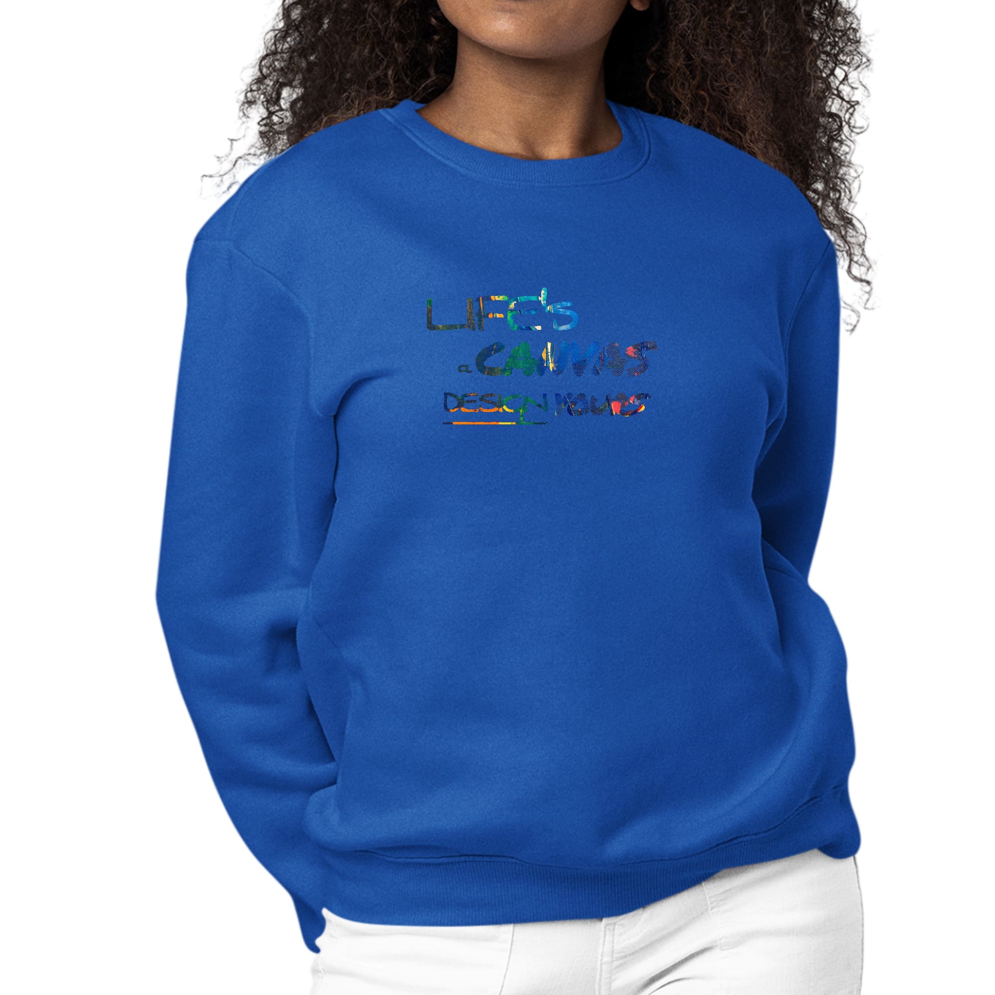 Women's Graphic Sweatshirt with Life's a Canvas design, featuring multicolor print and long sleeves, perfect for casual wear.