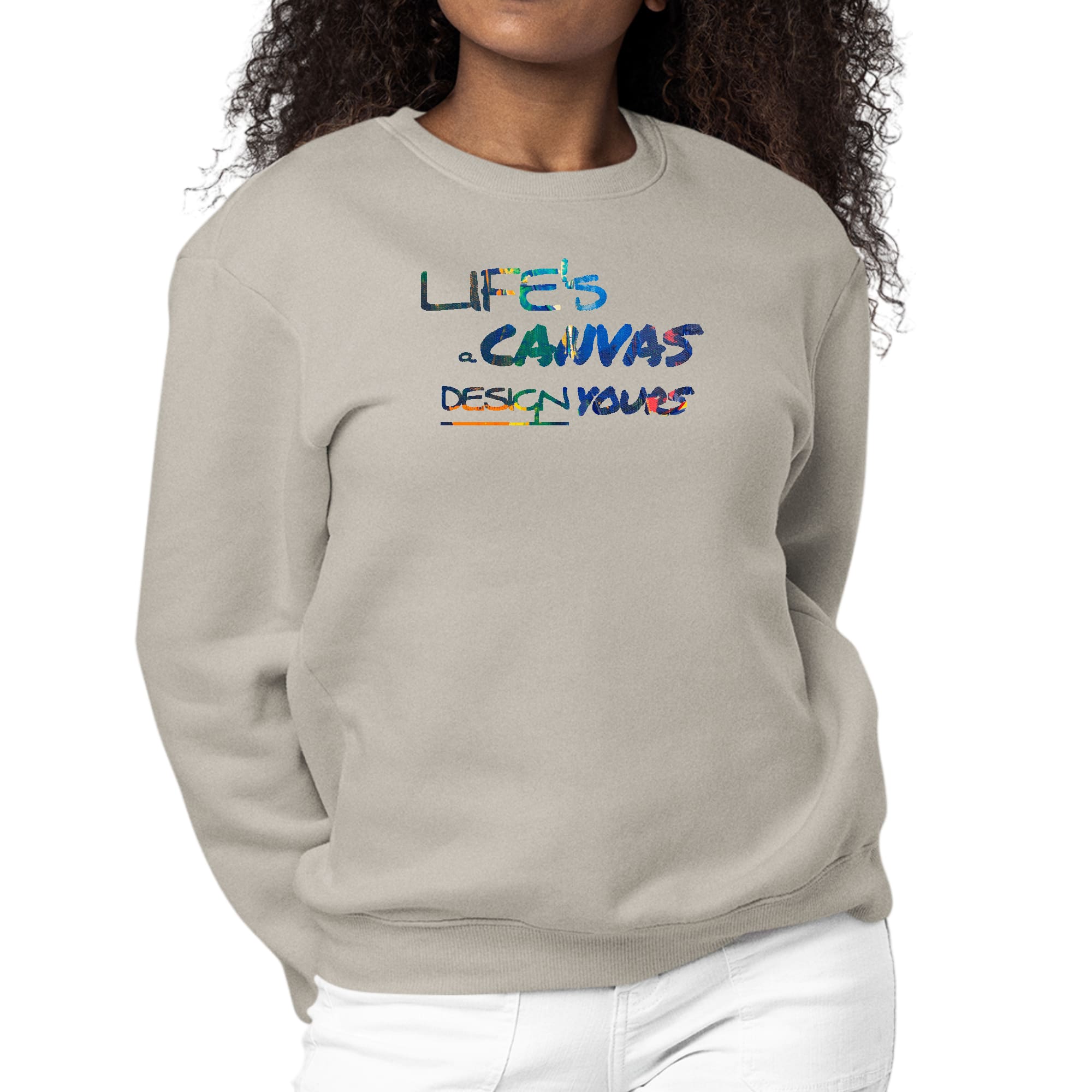 Women's Graphic Sweatshirt with Life's a Canvas design, featuring multicolor print and long sleeves, perfect for casual wear.