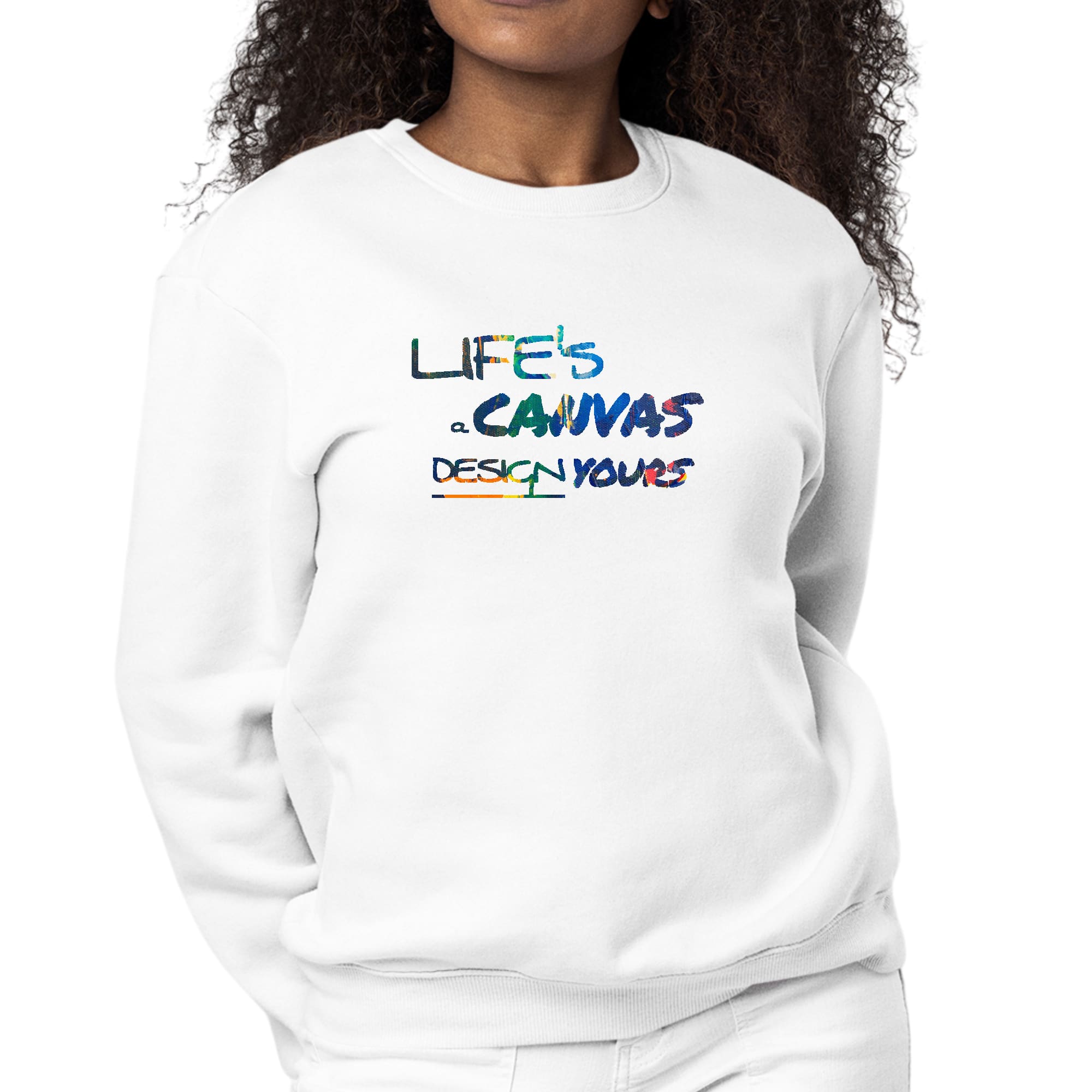 Women's Graphic Sweatshirt with Life's a Canvas design, featuring multicolor print and long sleeves, perfect for casual wear.