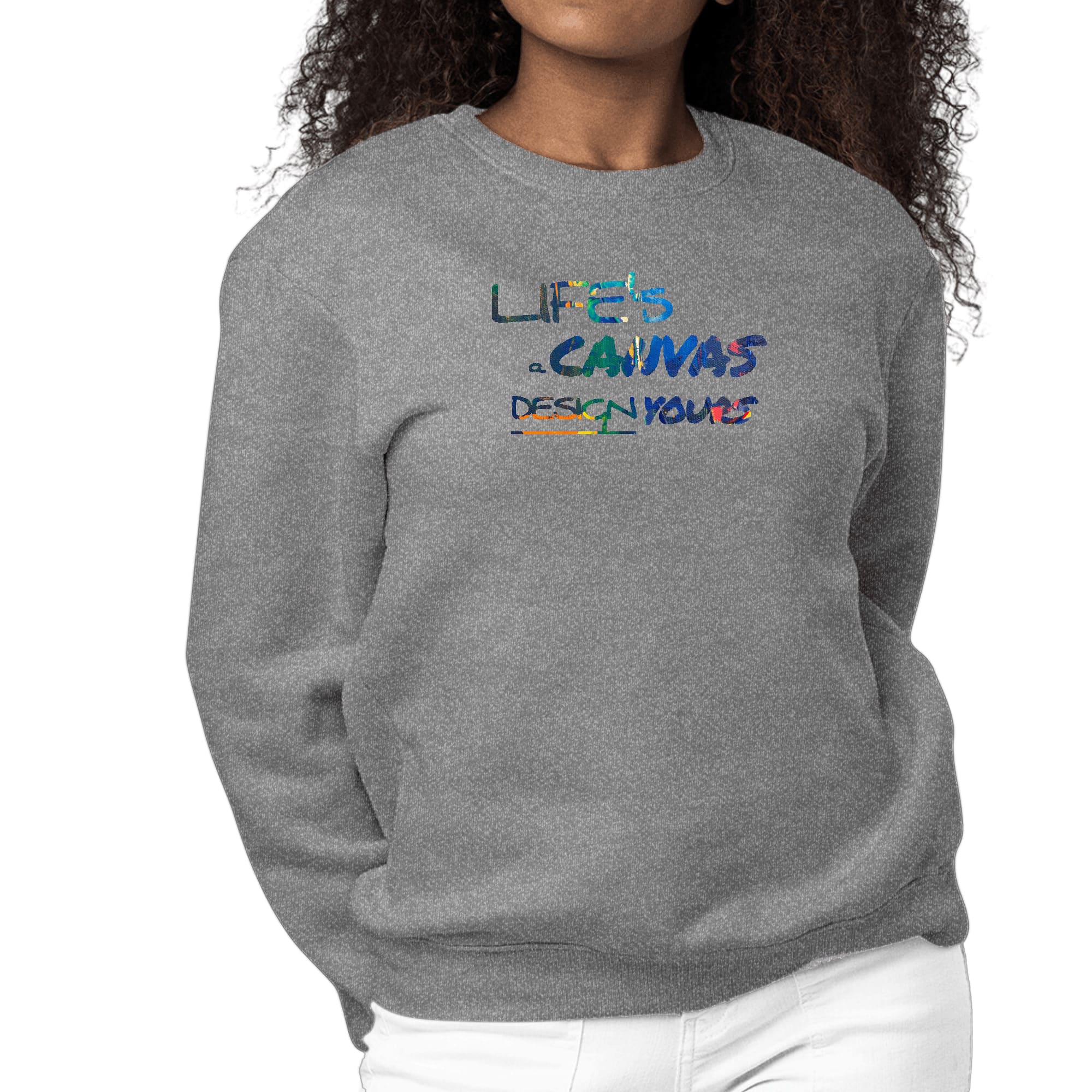 Women's Graphic Sweatshirt with Life's a Canvas design, featuring multicolor print and long sleeves, perfect for casual wear.