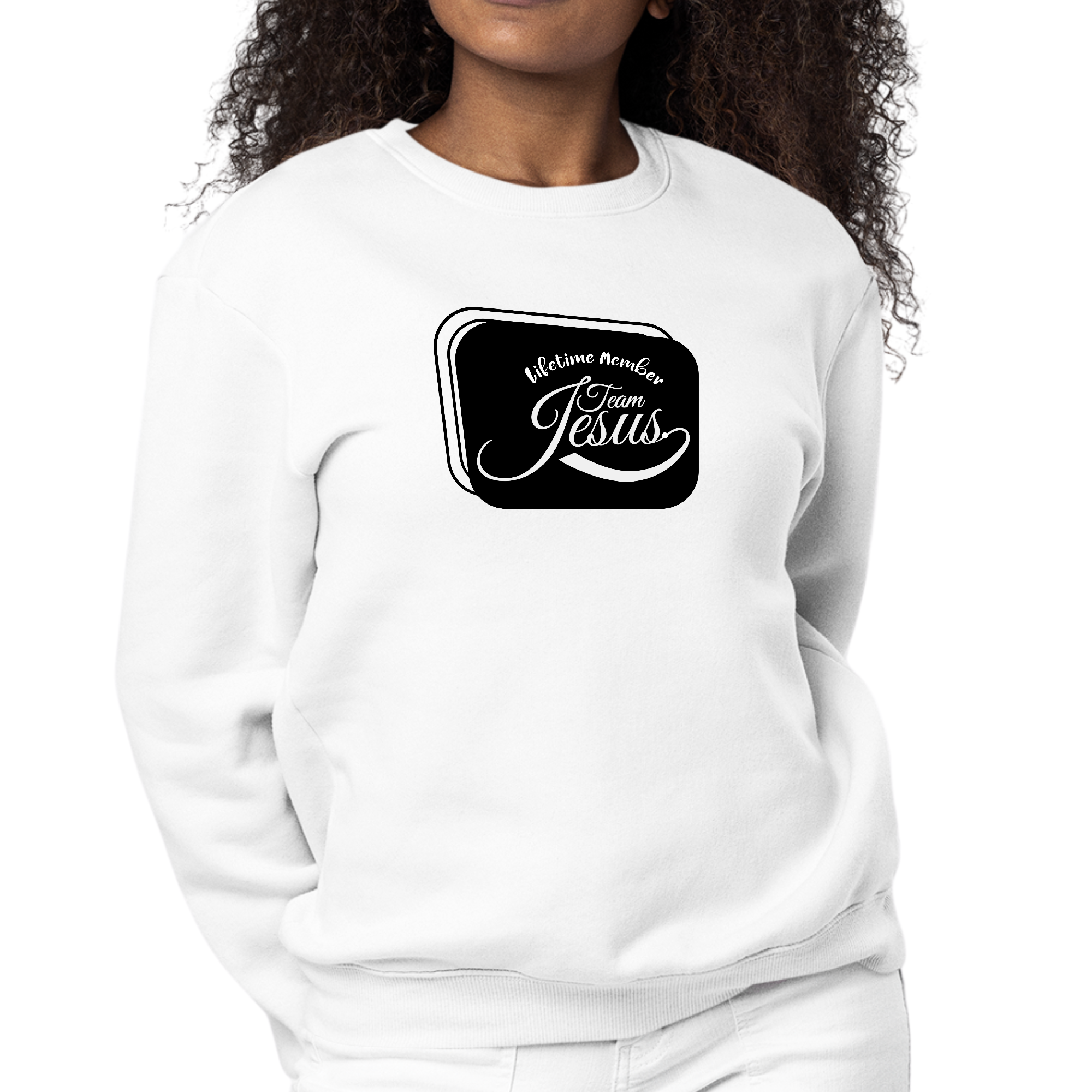 Womens Graphic Sweatshirt featuring Team Jesus illustration in black, showcasing a cozy pullover design.