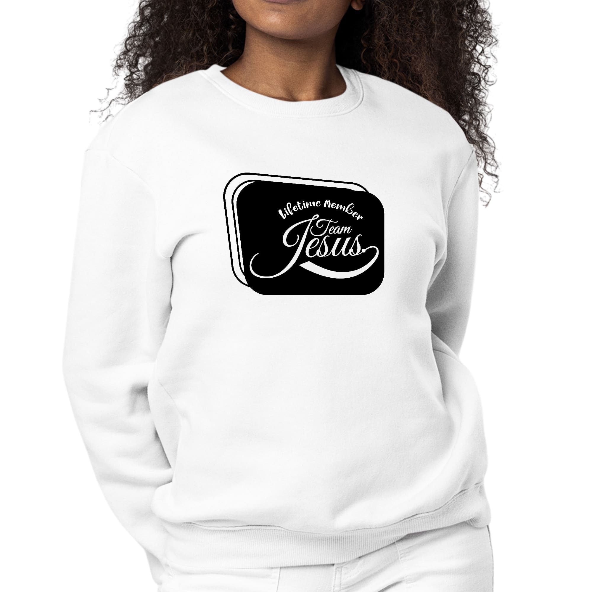 Womens Graphic Sweatshirt featuring Team Jesus illustration in black, showcasing a cozy pullover design.