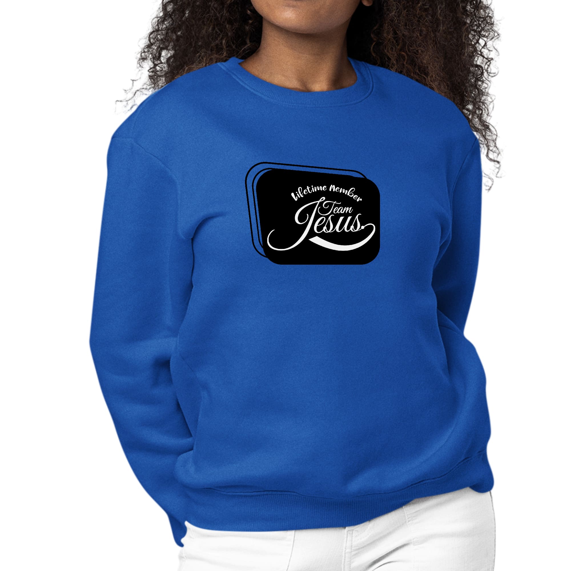 Womens Graphic Sweatshirt featuring Team Jesus illustration in black, showcasing a cozy pullover design.