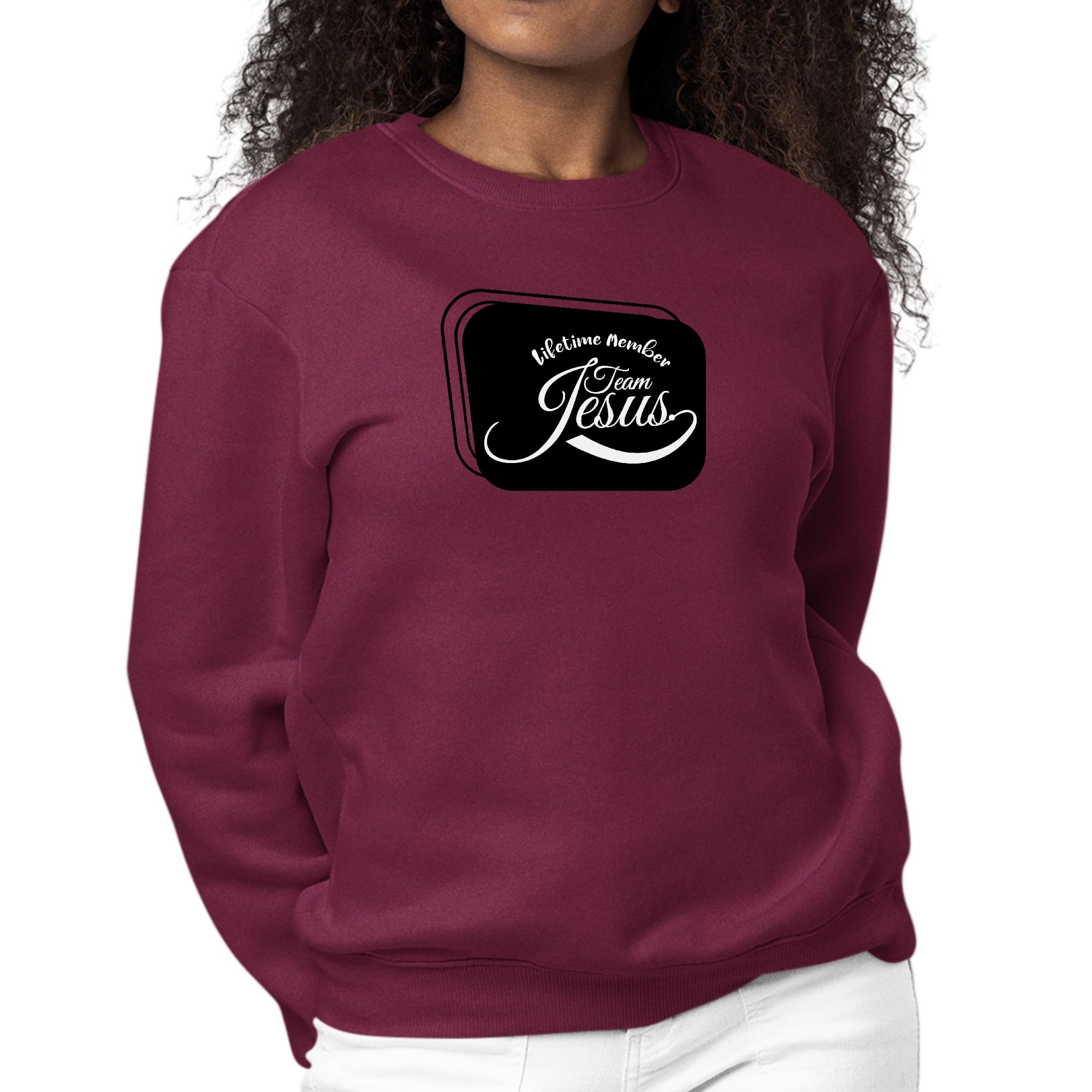 Womens Graphic Sweatshirt featuring Team Jesus illustration in black, showcasing a cozy pullover design.