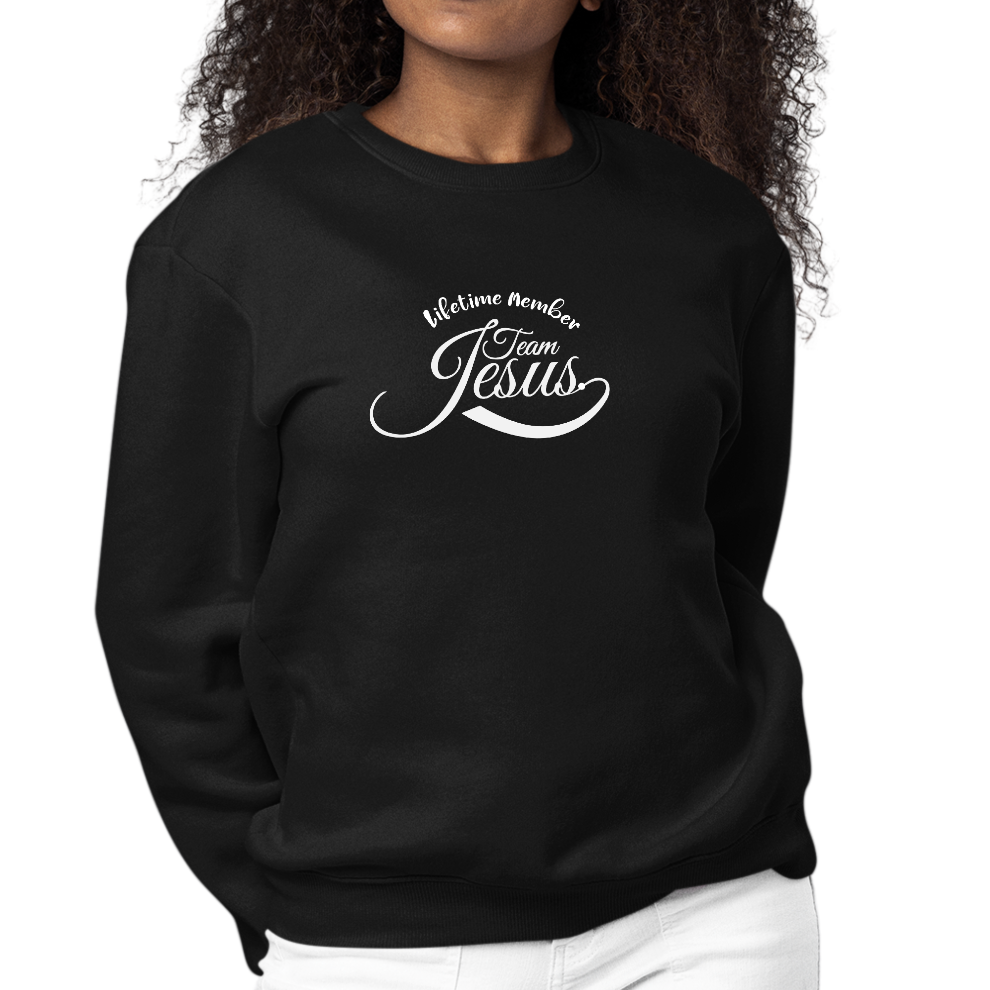 Women's long sleeve crewneck sweatshirt with Lifetime Member Team Jesus graphic design, showcasing comfort and durability.