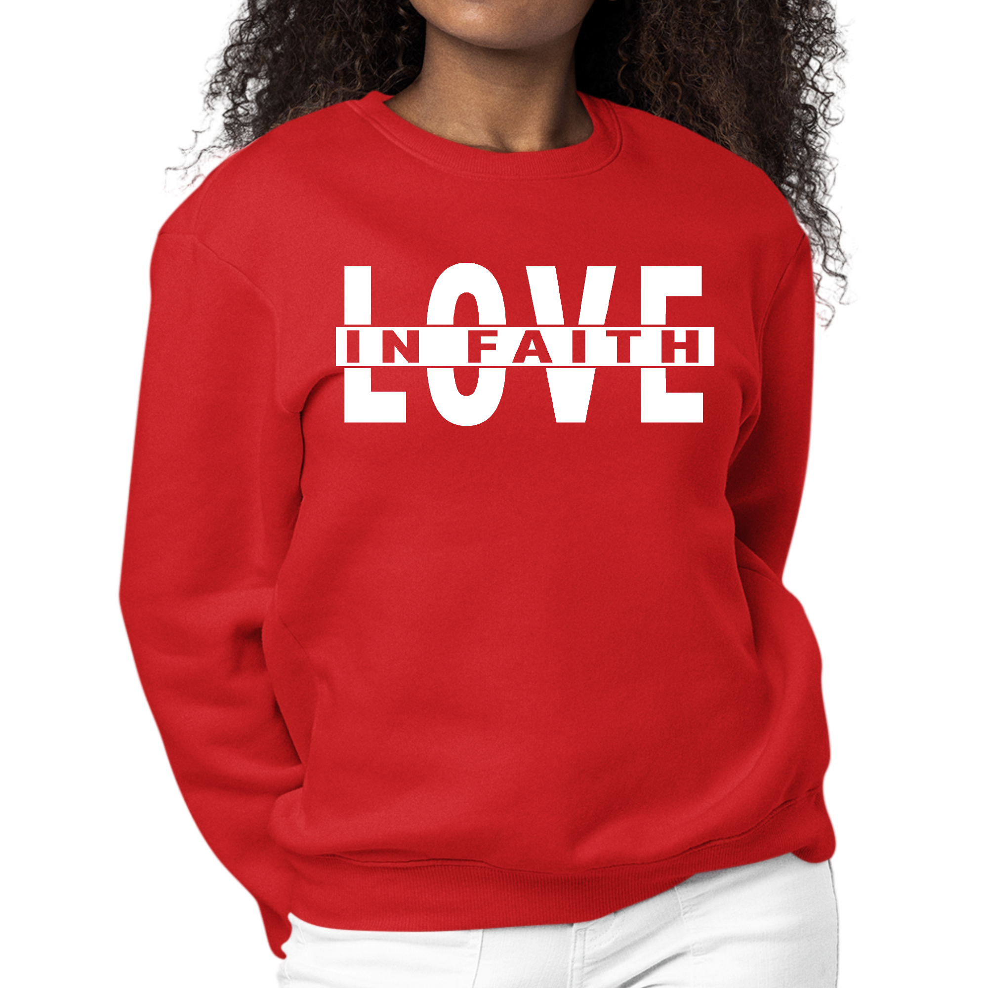 Womens Graphic Sweatshirt featuring 'Love in Faith' design, showcasing a comfortable crewneck style with long sleeves.