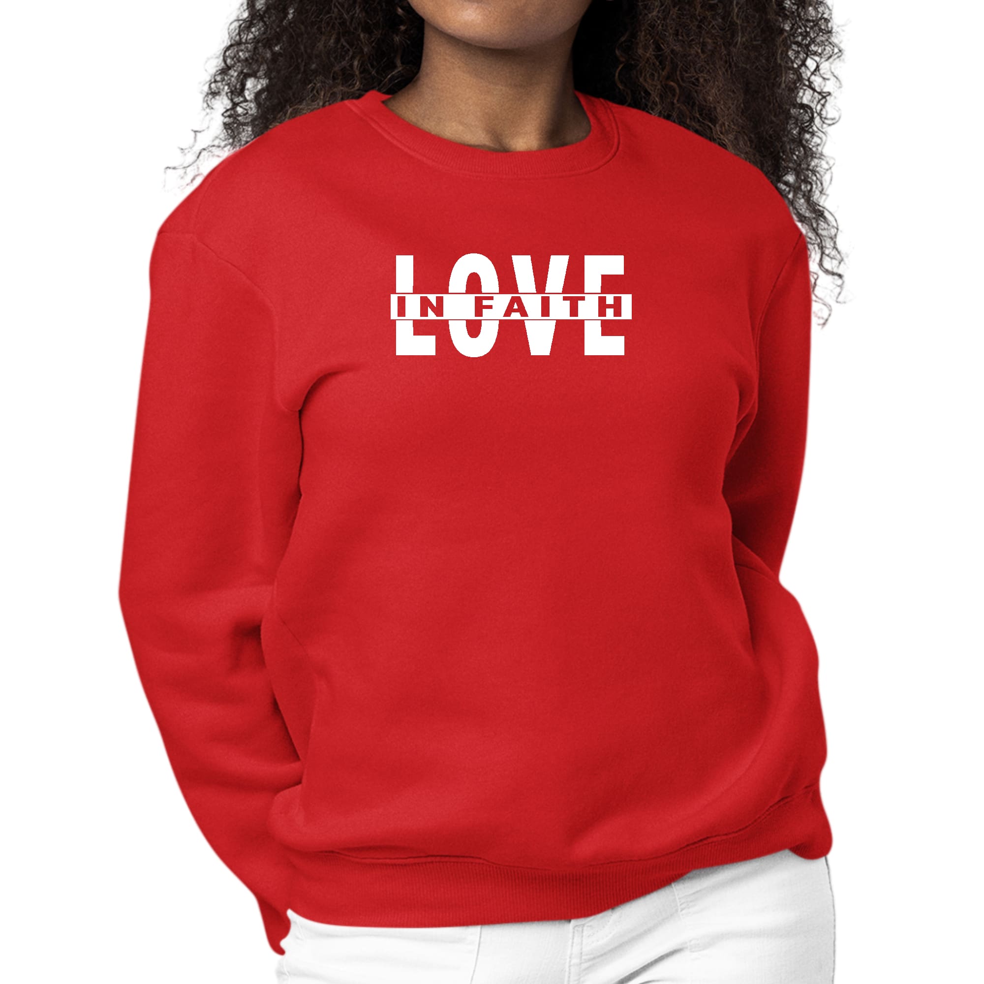 Womens Graphic Sweatshirt featuring 'Love in Faith' design, showcasing a comfortable crewneck style with long sleeves.