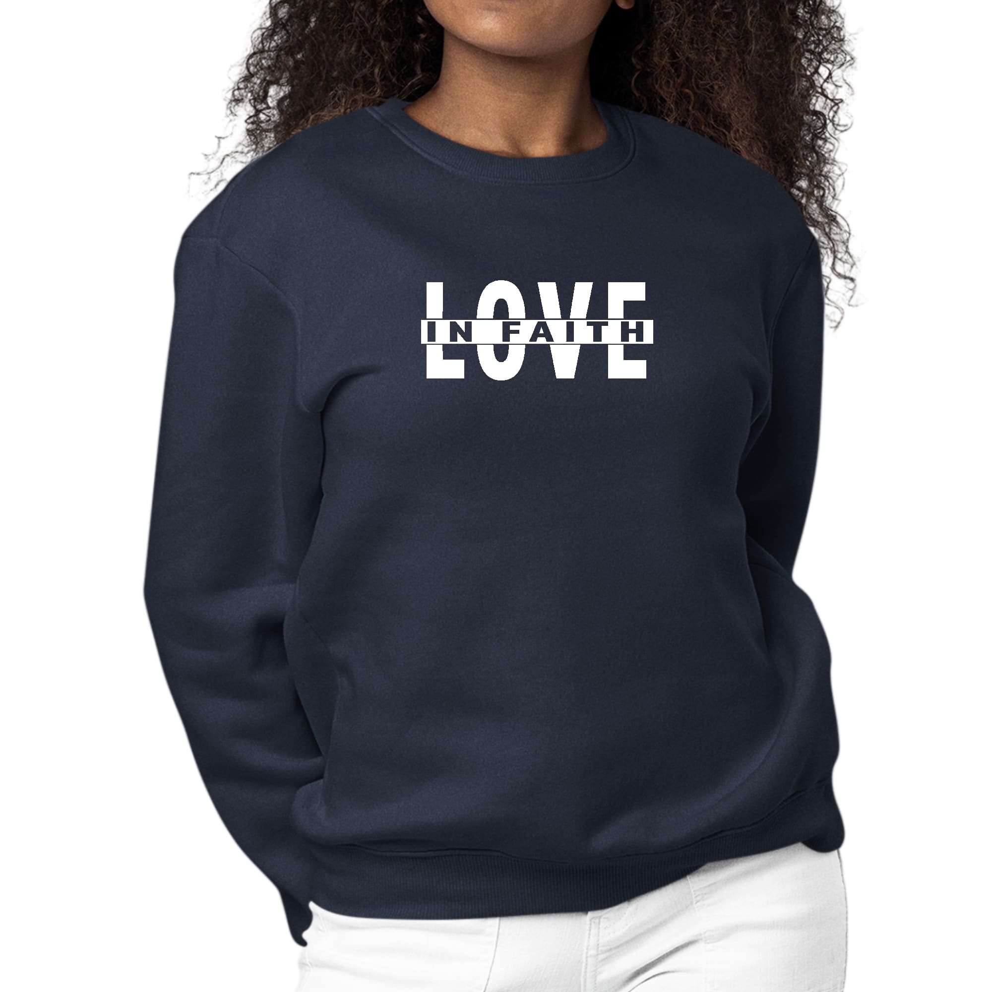 Womens Graphic Sweatshirt featuring 'Love in Faith' design, showcasing a comfortable crewneck style with long sleeves.