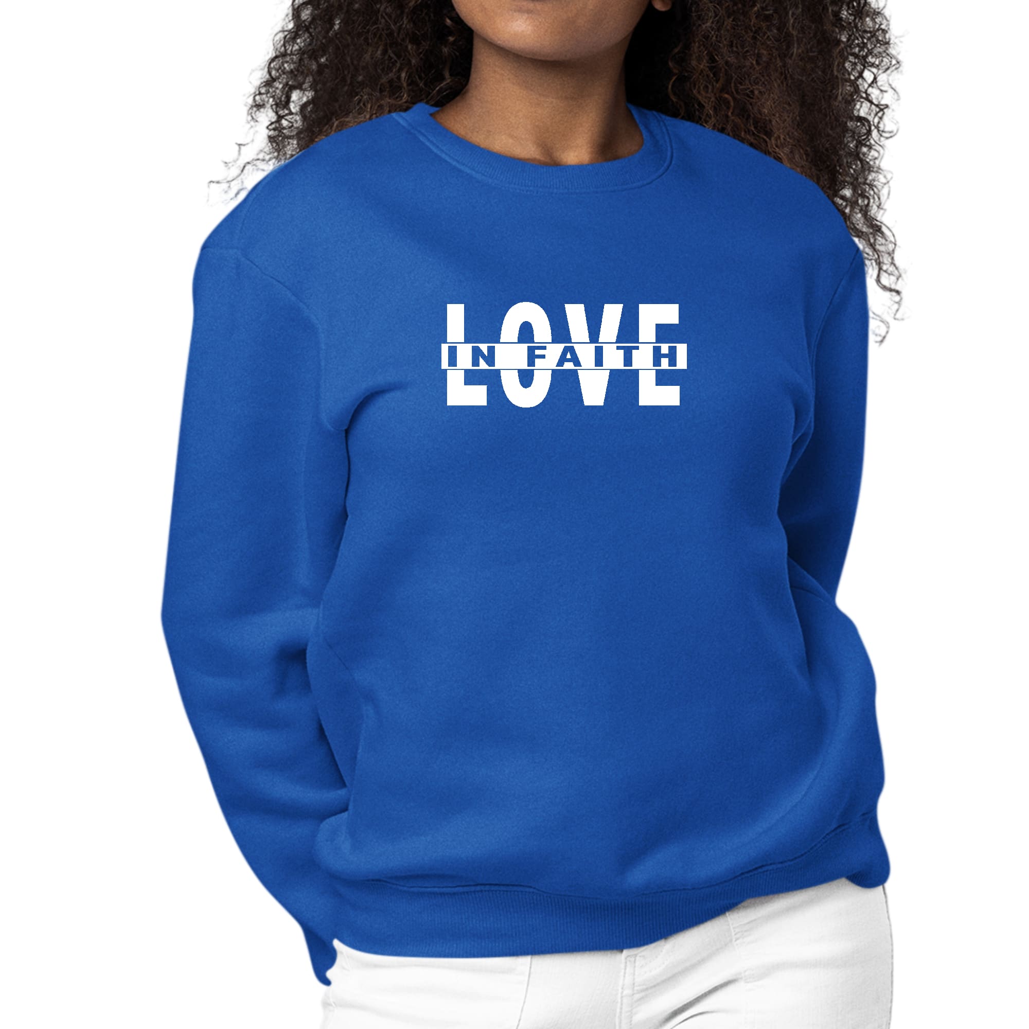 Womens Graphic Sweatshirt featuring 'Love in Faith' design, showcasing a comfortable crewneck style with long sleeves.