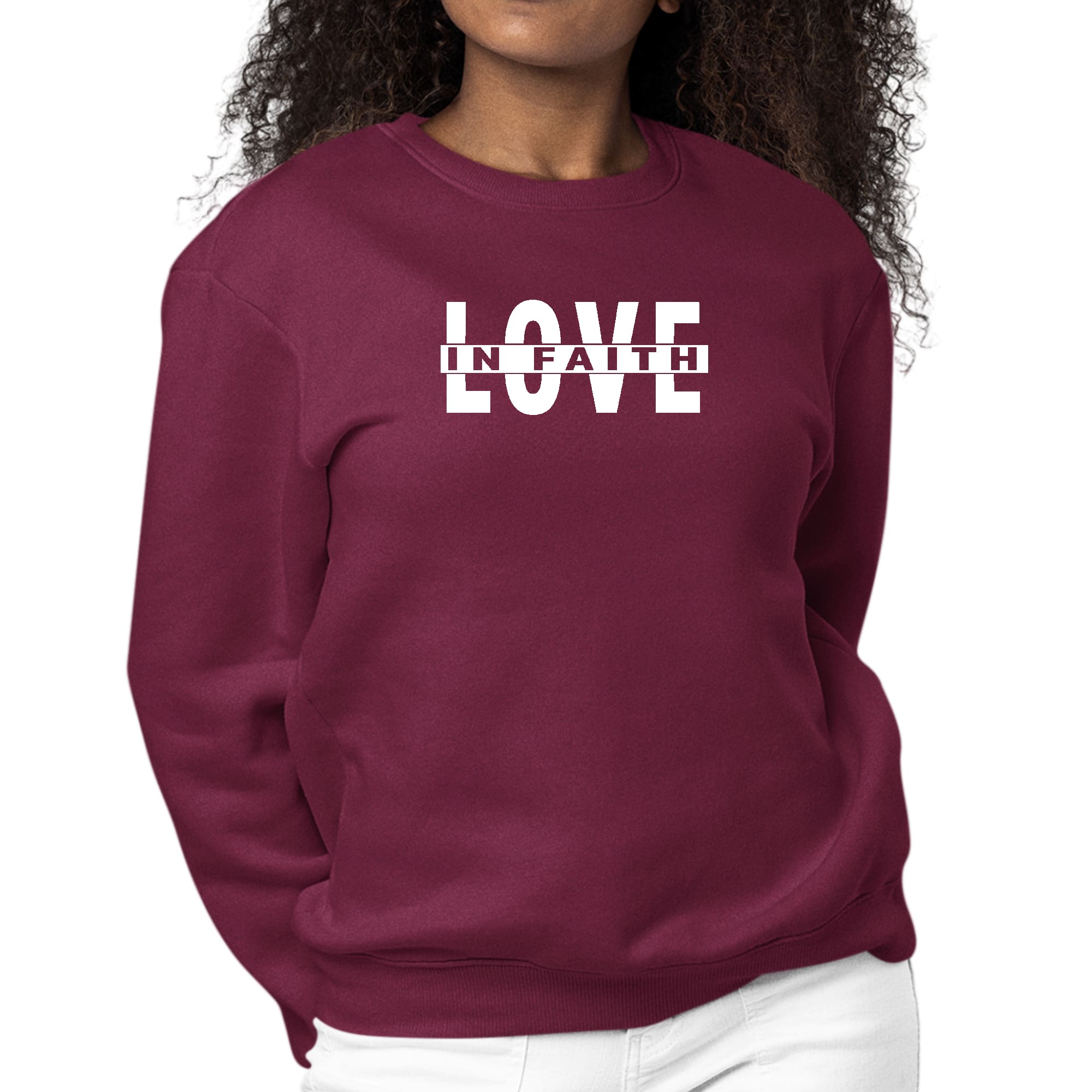 Womens Graphic Sweatshirt featuring 'Love in Faith' design, showcasing a comfortable crewneck style with long sleeves.