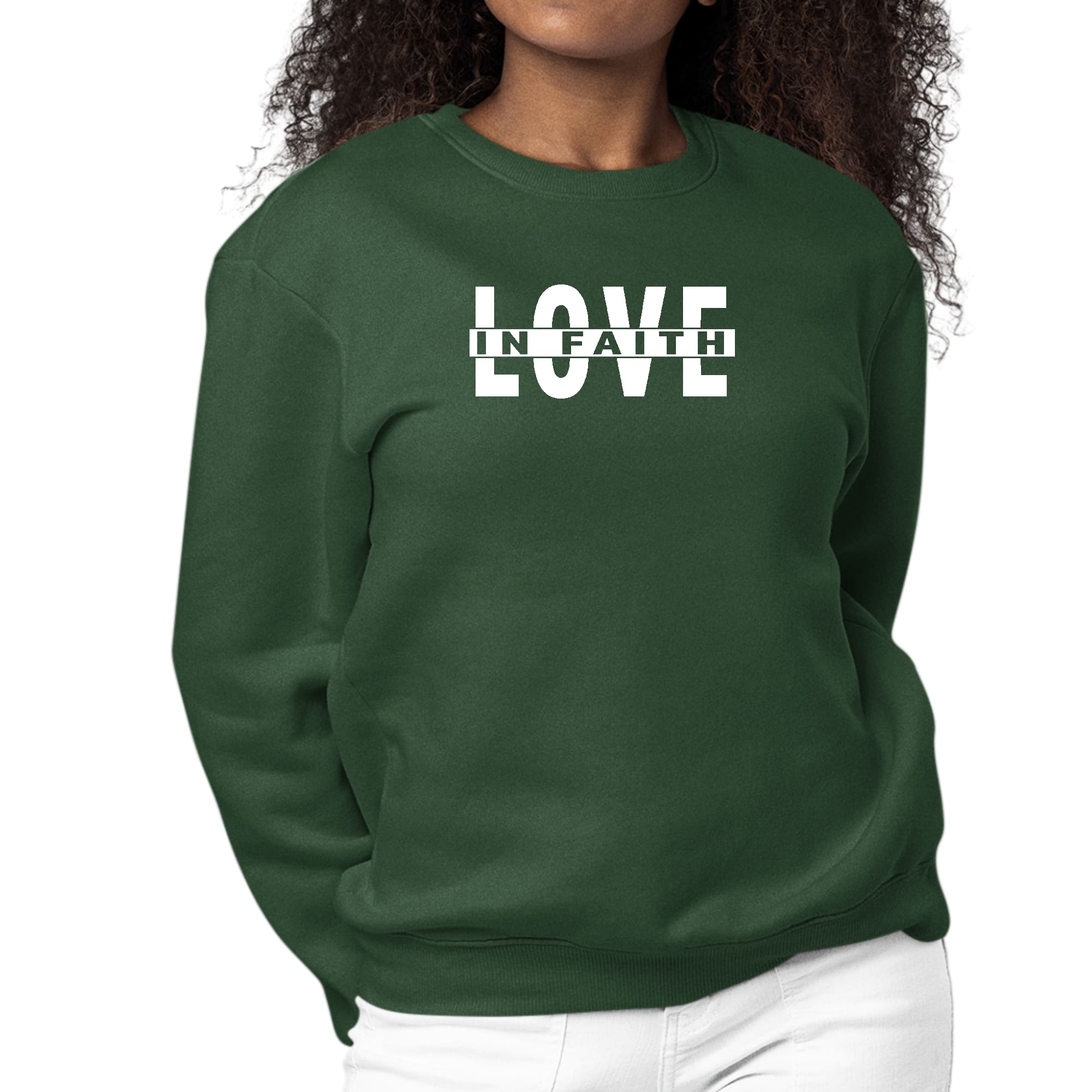 Womens Graphic Sweatshirt featuring 'Love in Faith' design, showcasing a comfortable crewneck style with long sleeves.