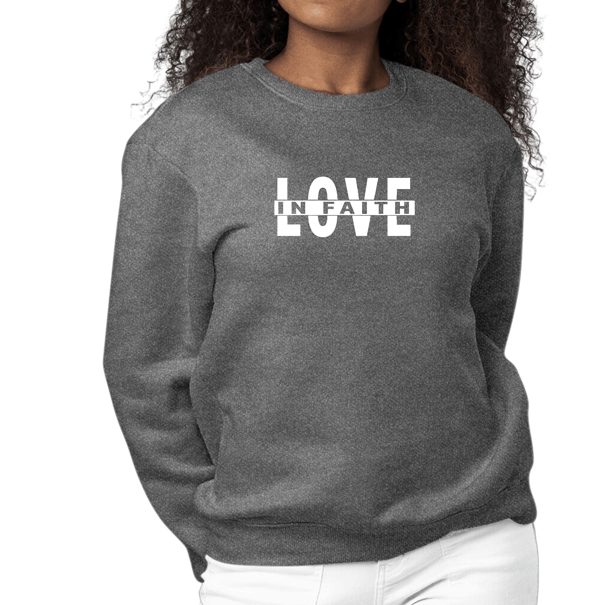 Womens Graphic Sweatshirt featuring 'Love in Faith' design, showcasing a comfortable crewneck style with long sleeves.