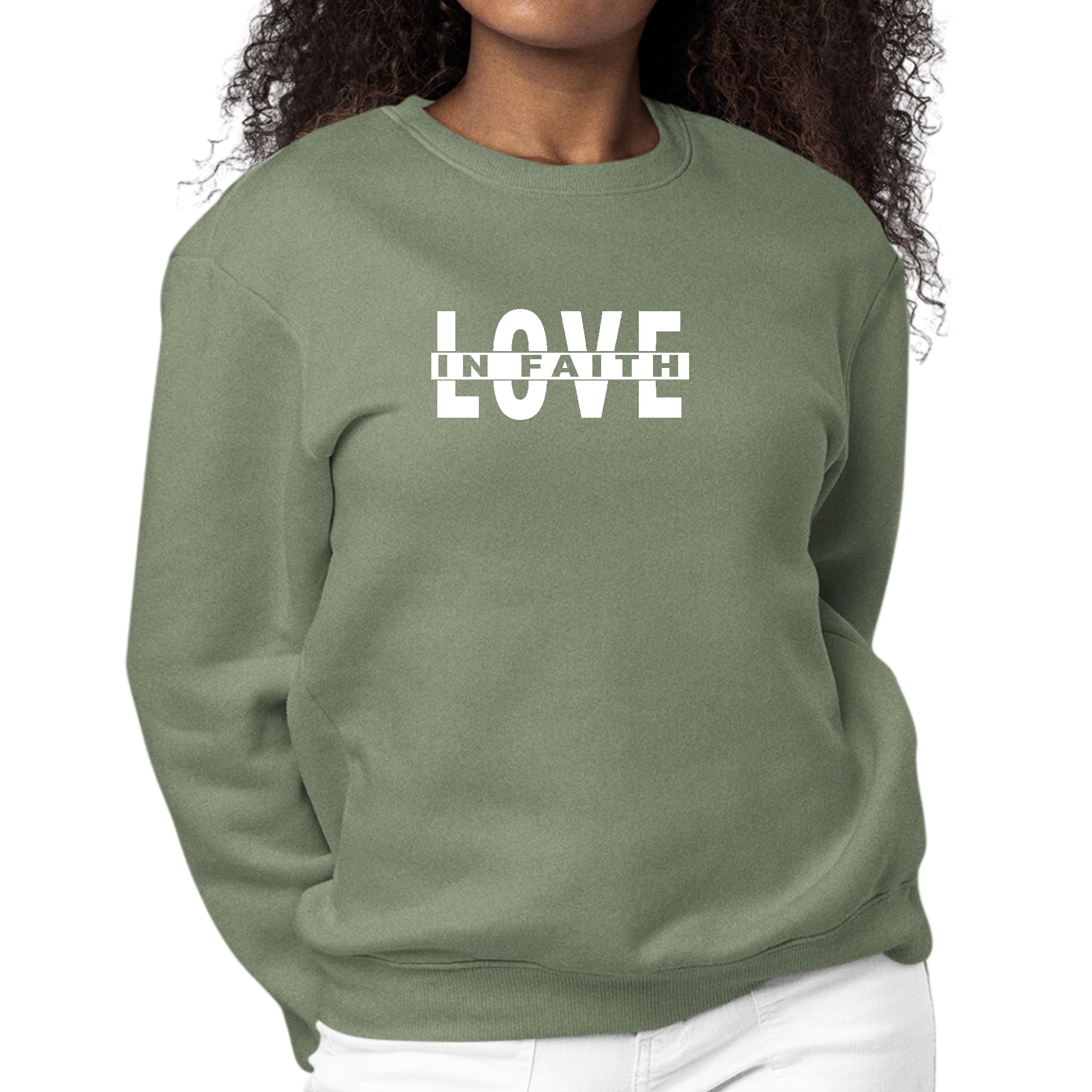 Womens Graphic Sweatshirt featuring 'Love in Faith' design, showcasing a comfortable crewneck style with long sleeves.