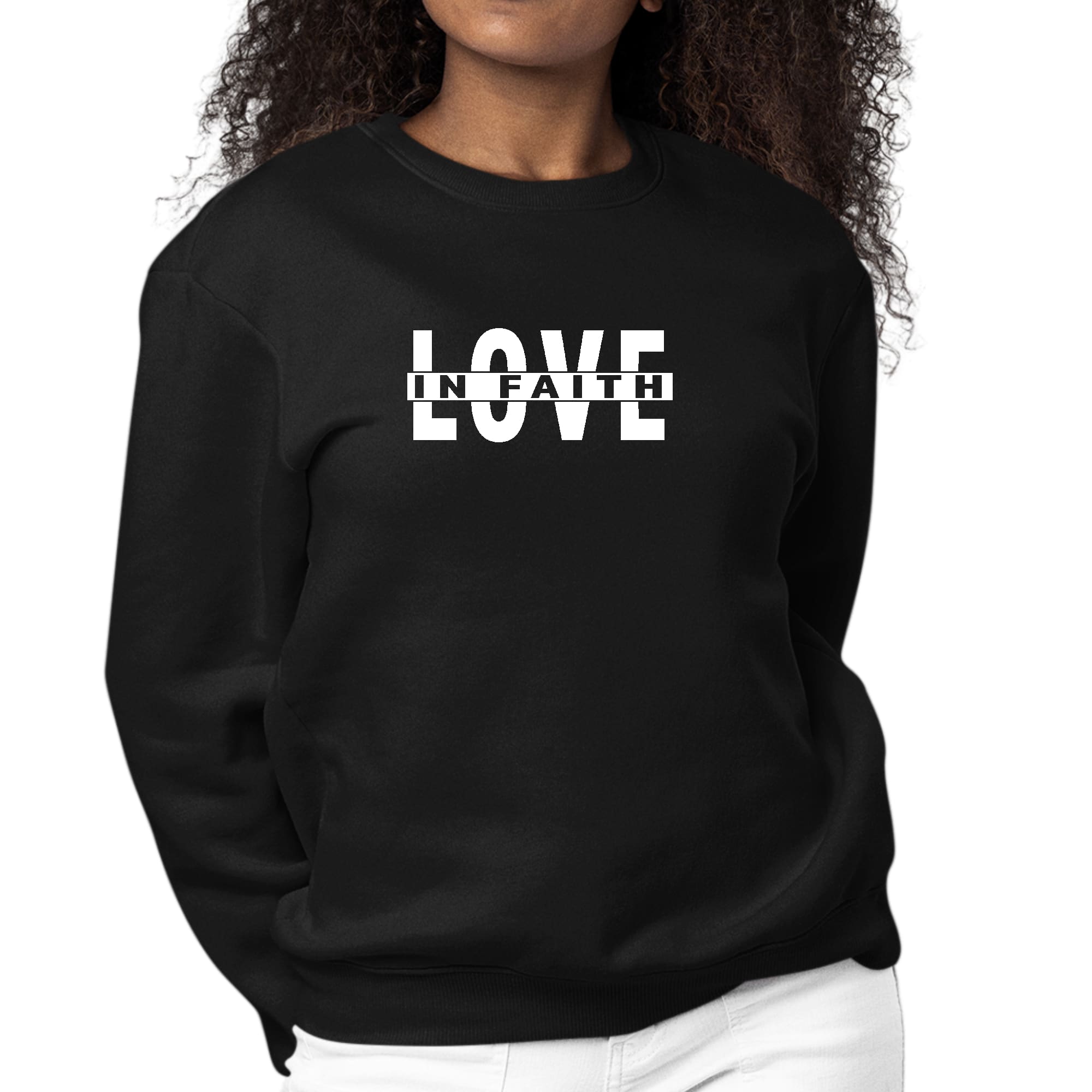 Womens Graphic Sweatshirt featuring 'Love in Faith' design, showcasing a comfortable crewneck style with long sleeves.