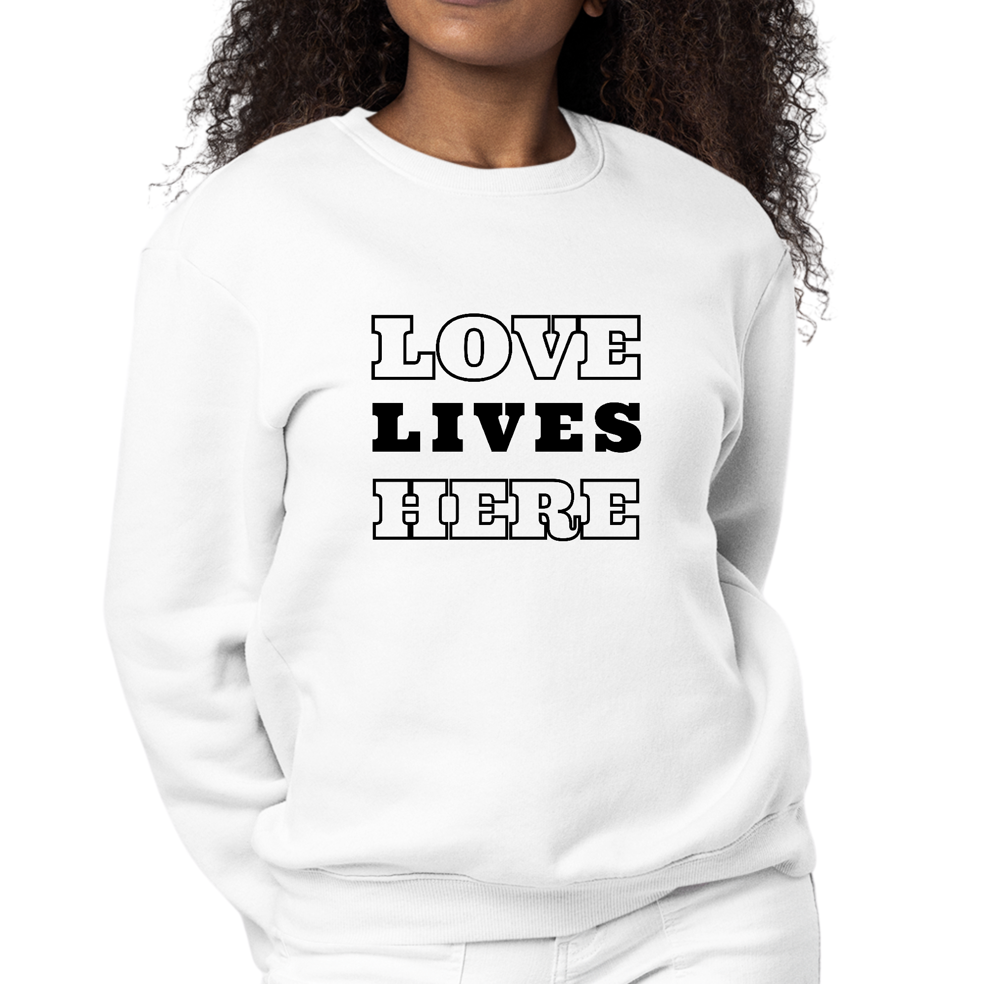 Womens Graphic Sweatshirt featuring 'Love Lives Here' design in a cozy fleece material, perfect for casual wear.