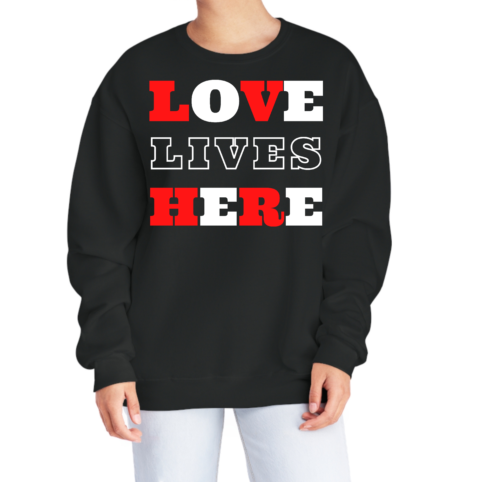 Women's Graphic Sweatshirt featuring 'Love Lives Here' Christian inspiration, showcasing a soft fabric and stylish design.