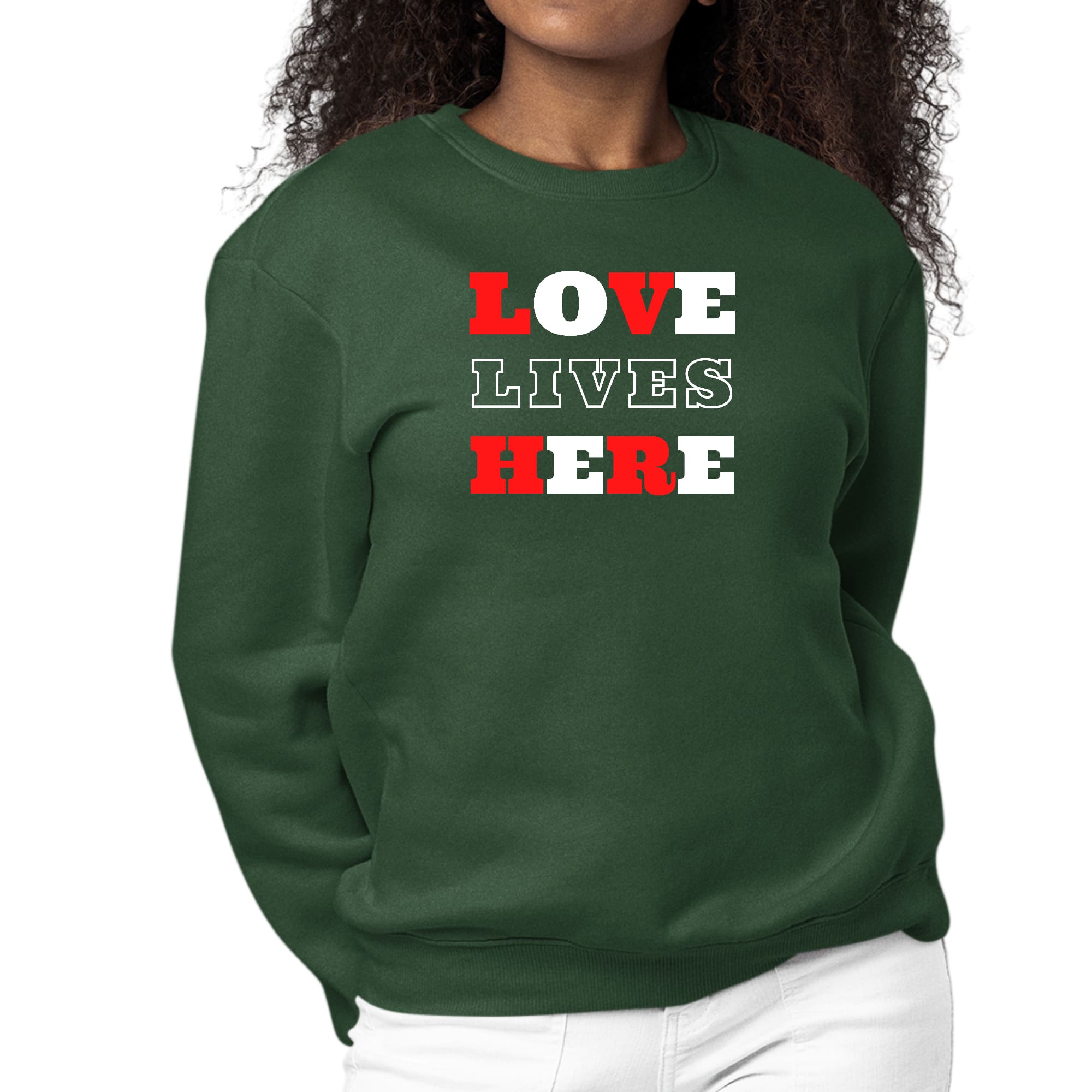 Women's Graphic Sweatshirt featuring 'Love Lives Here' Christian inspiration, showcasing a soft fabric and stylish design.