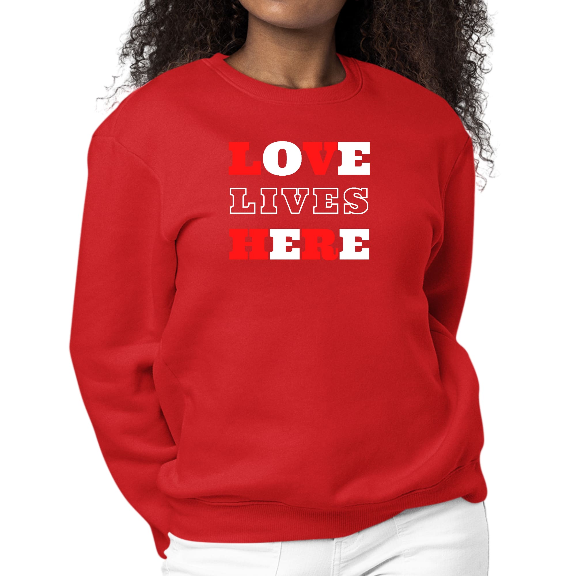 Women's Graphic Sweatshirt featuring 'Love Lives Here' Christian inspiration, showcasing a soft fabric and stylish design.