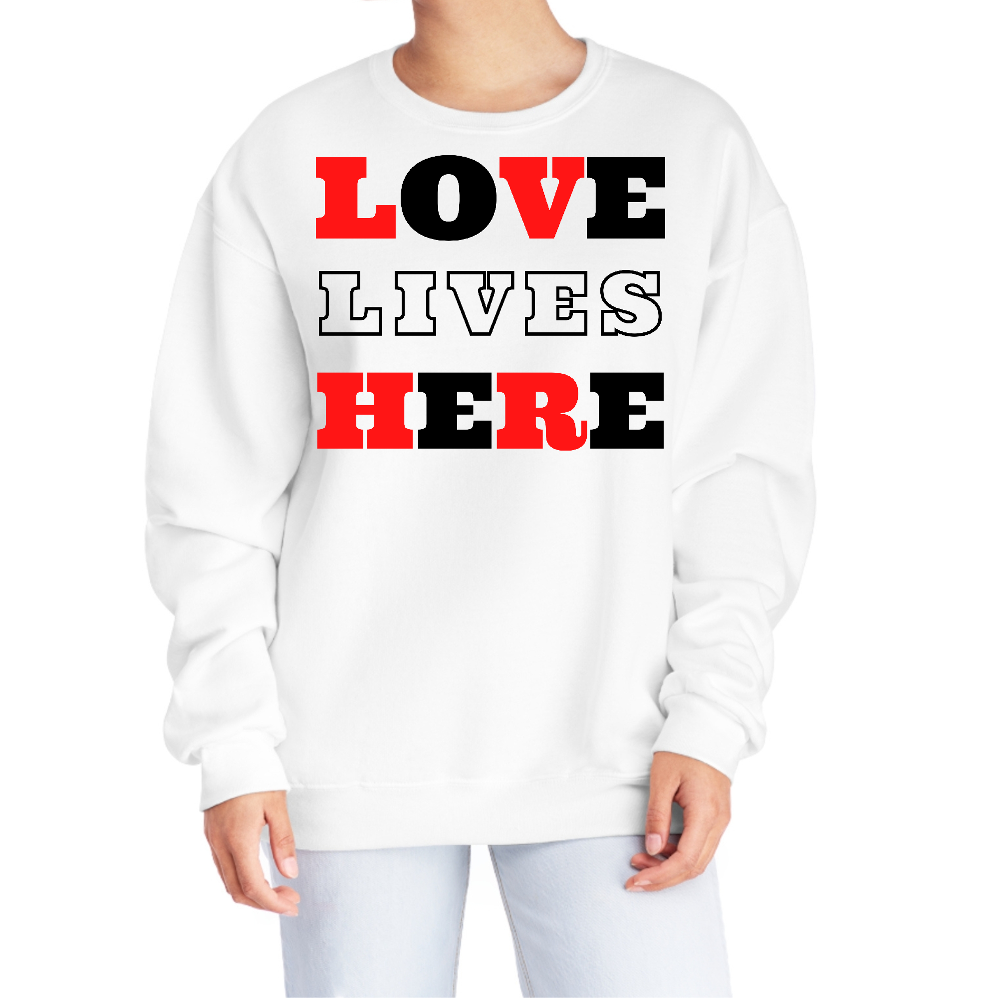 Women's Graphic Sweatshirt in Christian Red and Black featuring 'Love Lives Here' design, showcasing a soft and comfortable fabric.