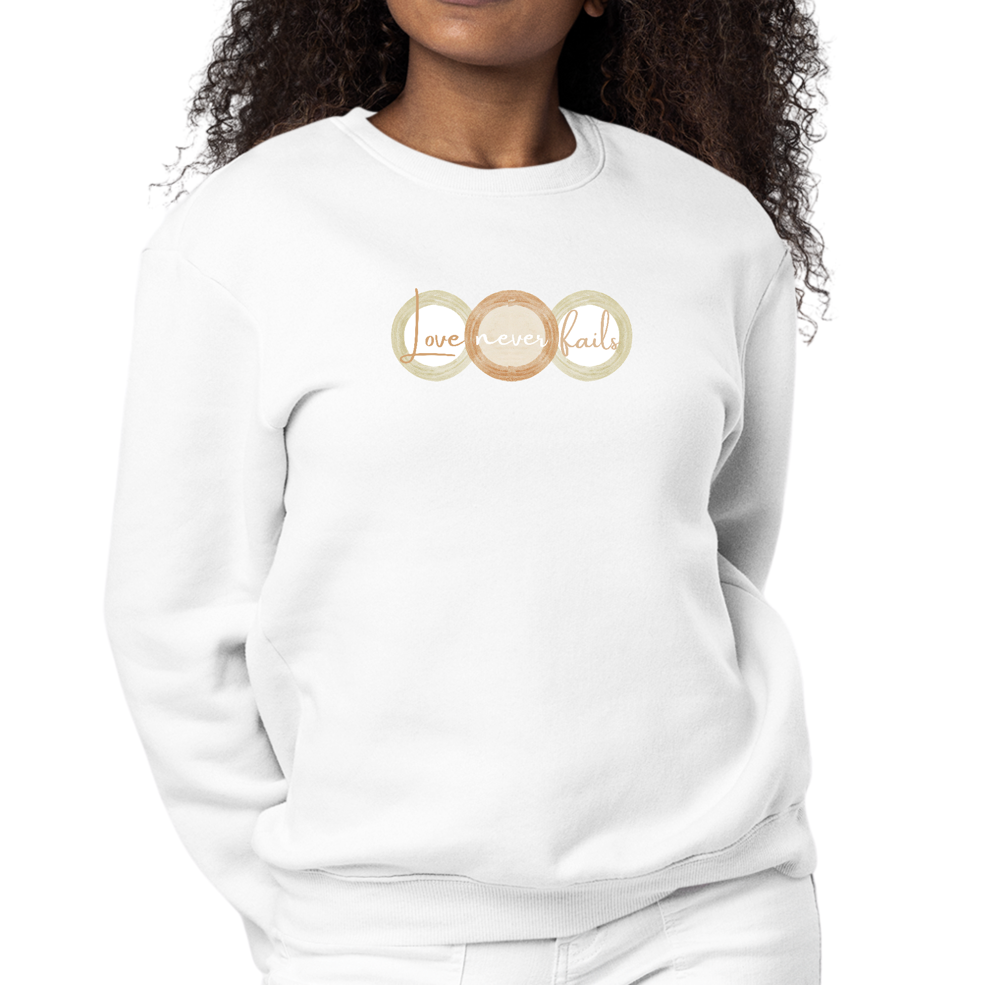 Womens Graphic Sweatshirt in pastel brown, beige, and green with 'Love Never Fails' design and tri-circular shapes.