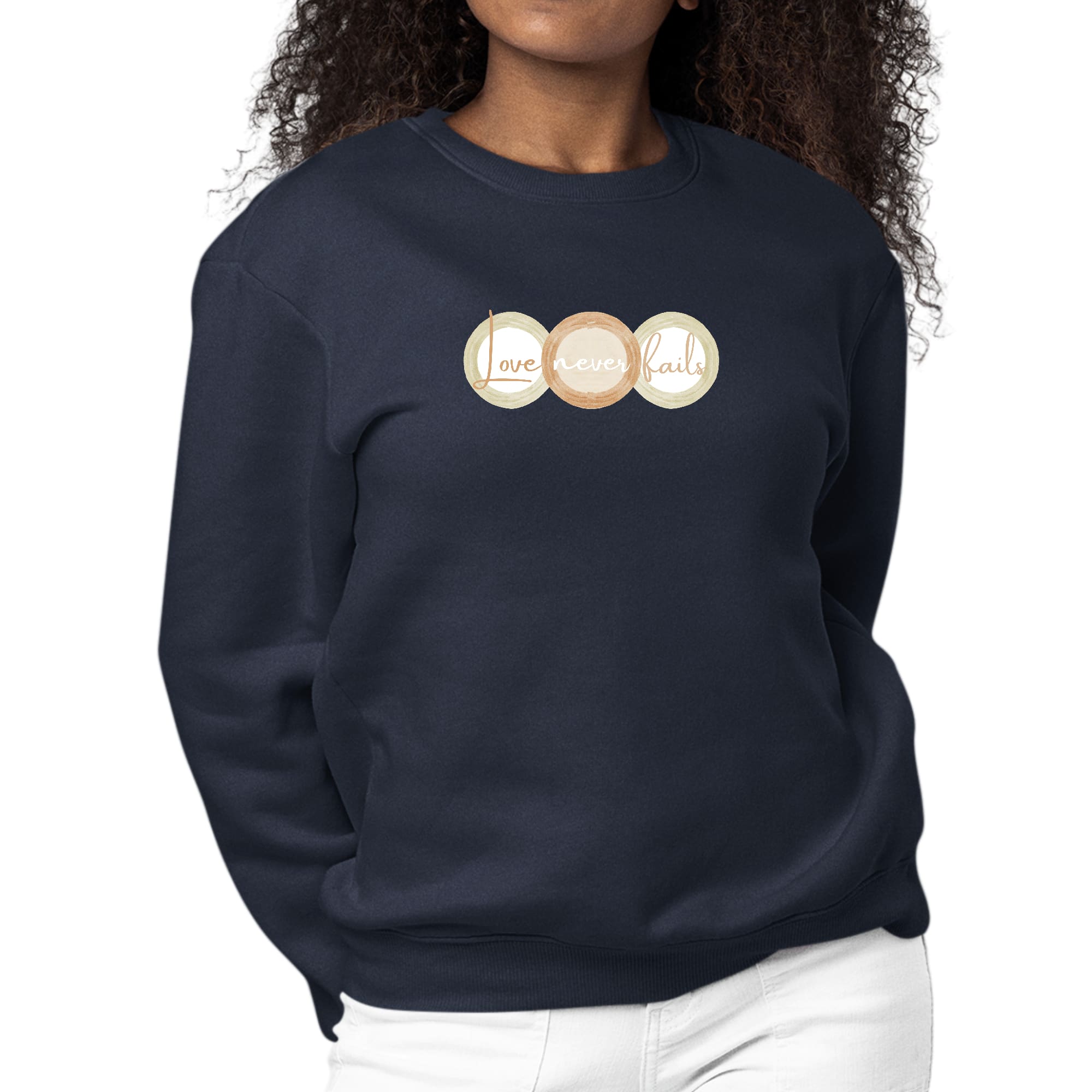 Womens Graphic Sweatshirt in pastel brown, beige, and green with 'Love Never Fails' design and tri-circular shapes.