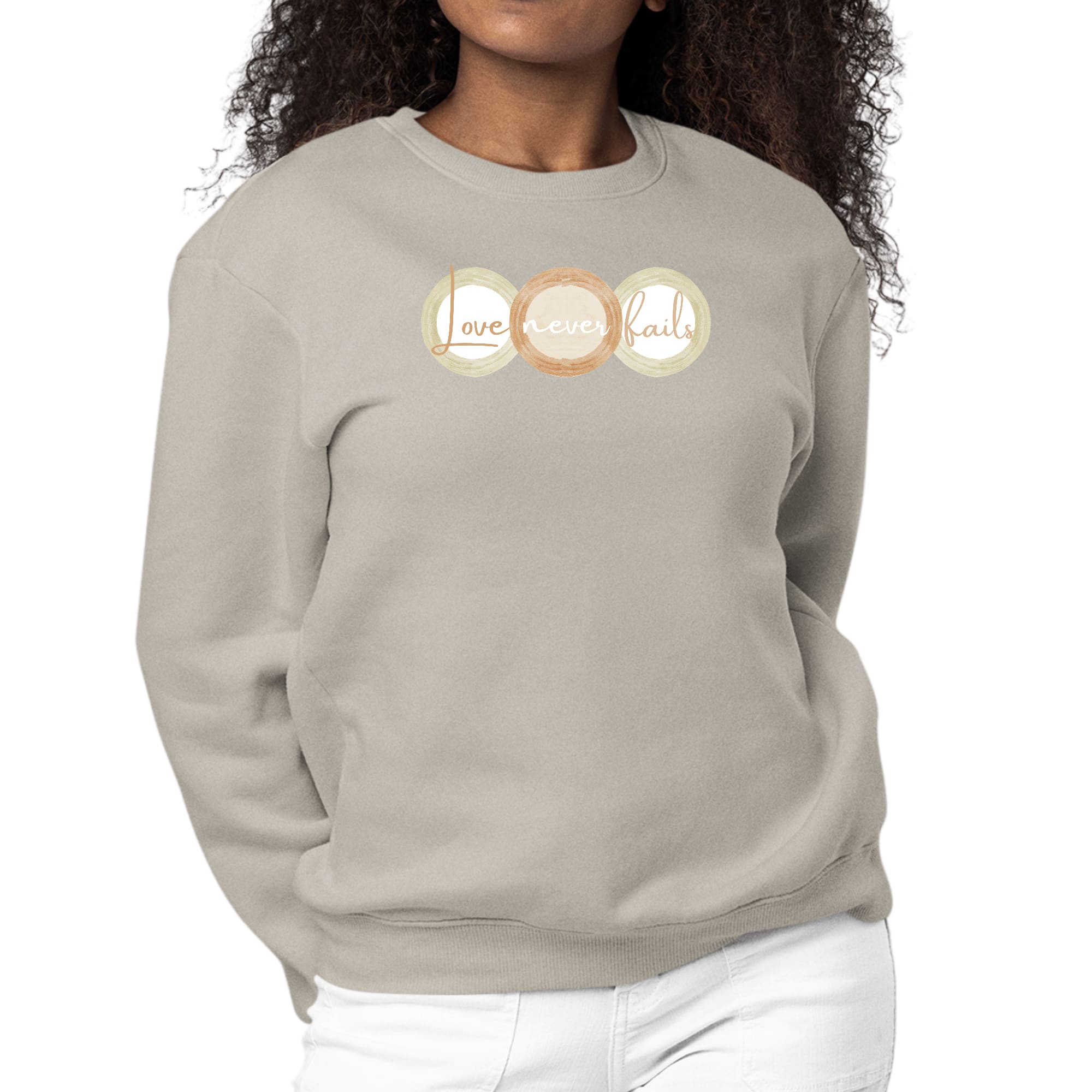 Womens Graphic Sweatshirt in pastel brown, beige, and green with 'Love Never Fails' design and tri-circular shapes.