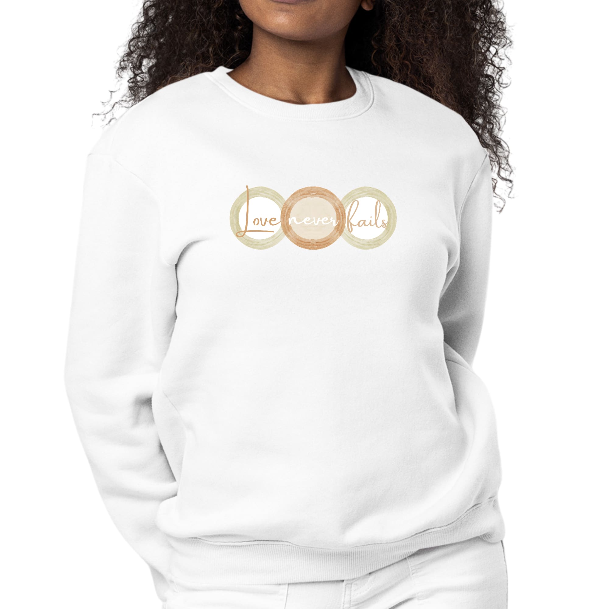 Womens Graphic Sweatshirt in pastel brown, beige, and green with 'Love Never Fails' design and tri-circular shapes.