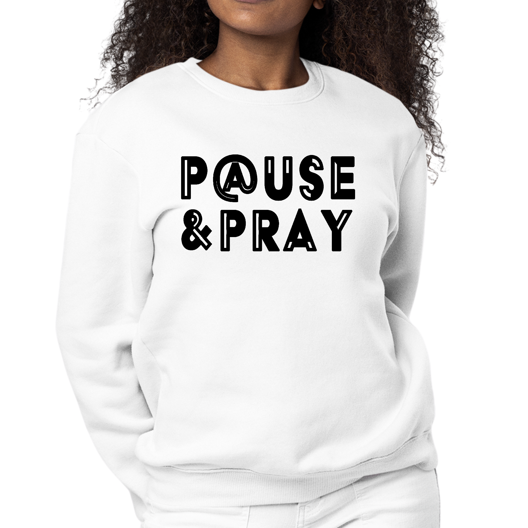 Womens Graphic Sweatshirt in black with 'Pause and Pray' illustration, showcasing soft fabric and unisex fit.