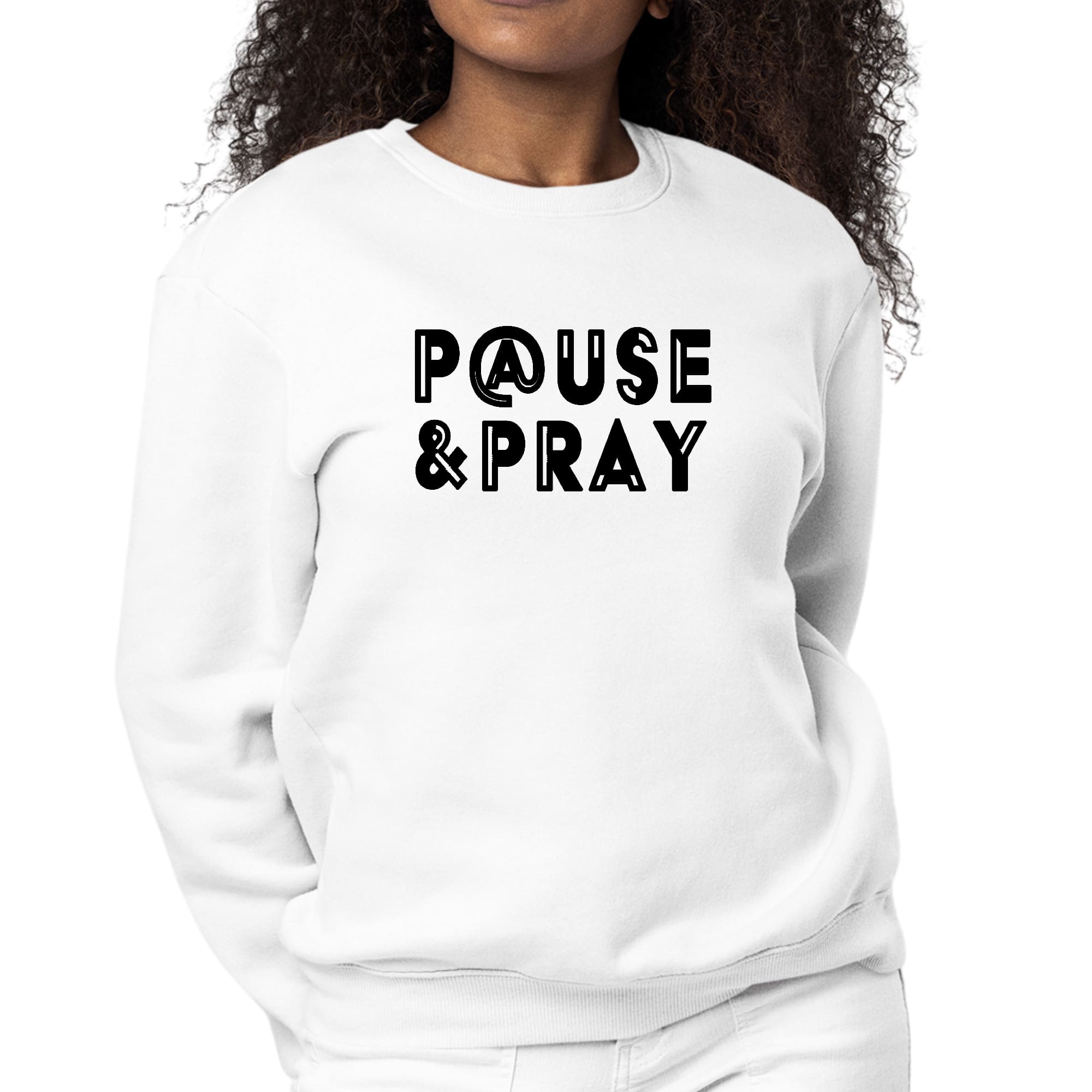 Womens Graphic Sweatshirt in black with 'Pause and Pray' illustration, showcasing soft fabric and unisex fit.