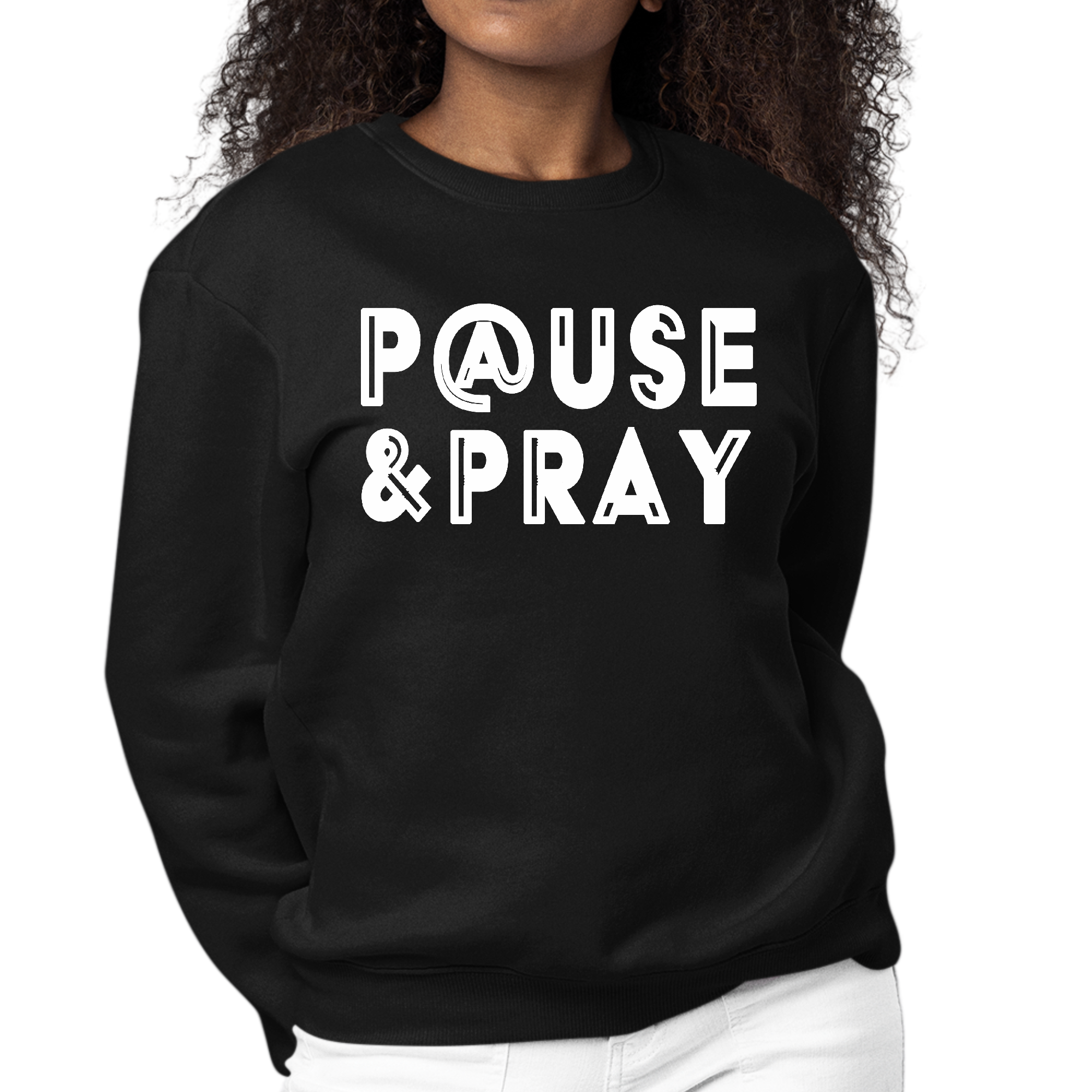 Womens Graphic Sweatshirt featuring 'Pause and Pray' design, showcasing a soft fabric and relaxed fit.