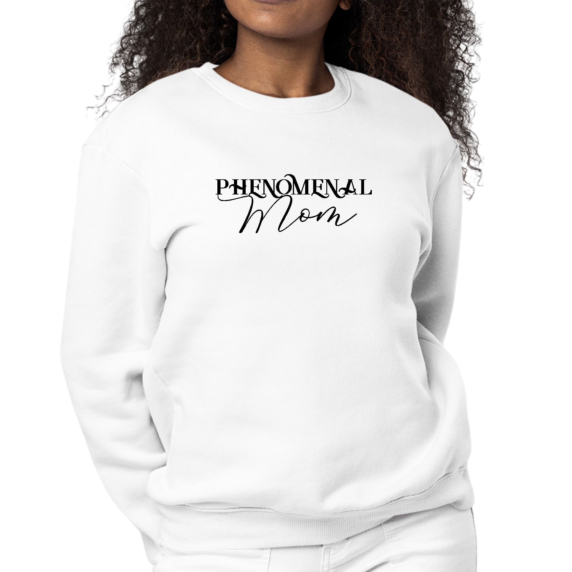 Womens Graphic Sweatshirt with Phenomenal Mom Black Print, showcasing cozy fleece and stylish design.