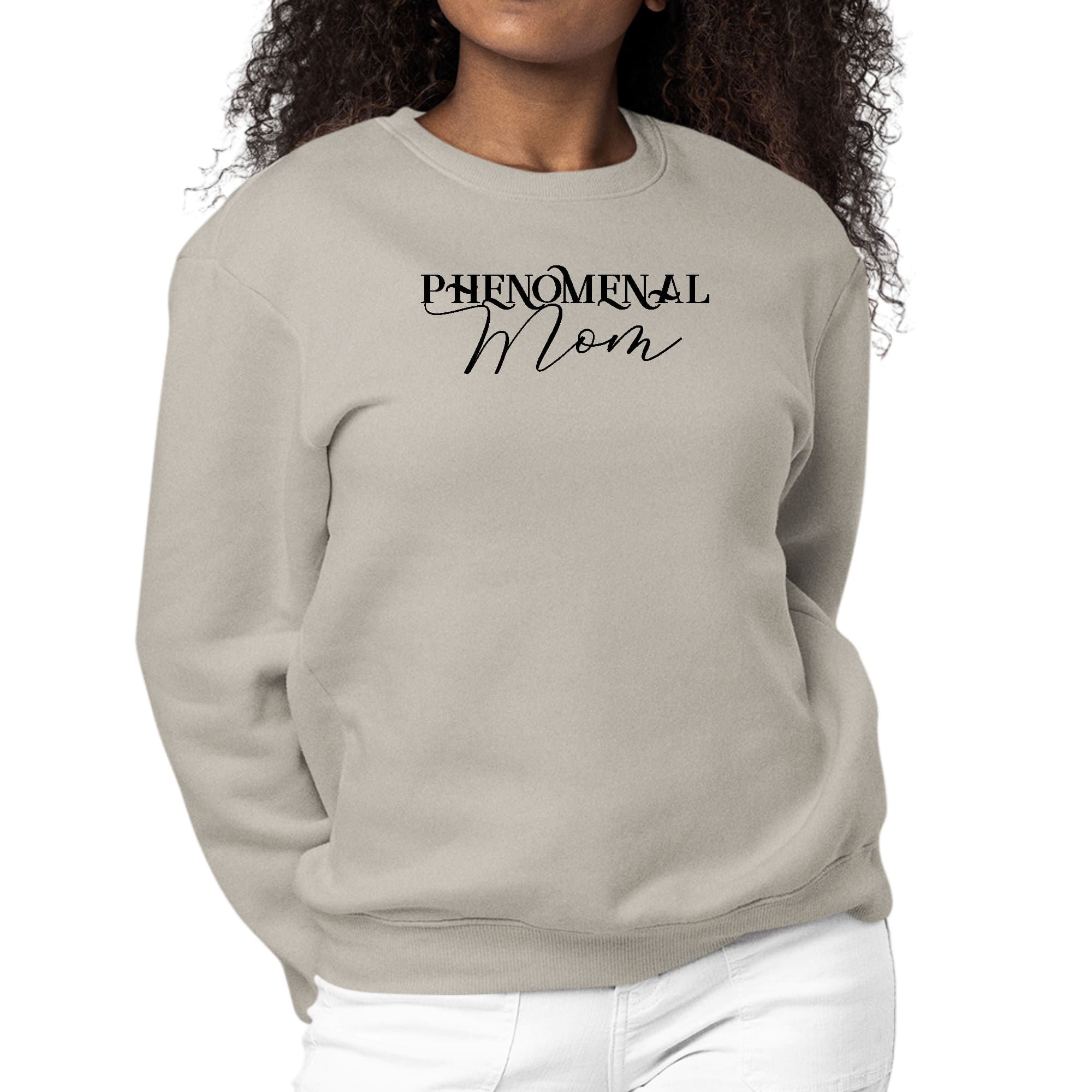 Womens Graphic Sweatshirt with Phenomenal Mom Black Print, showcasing cozy fleece and stylish design.