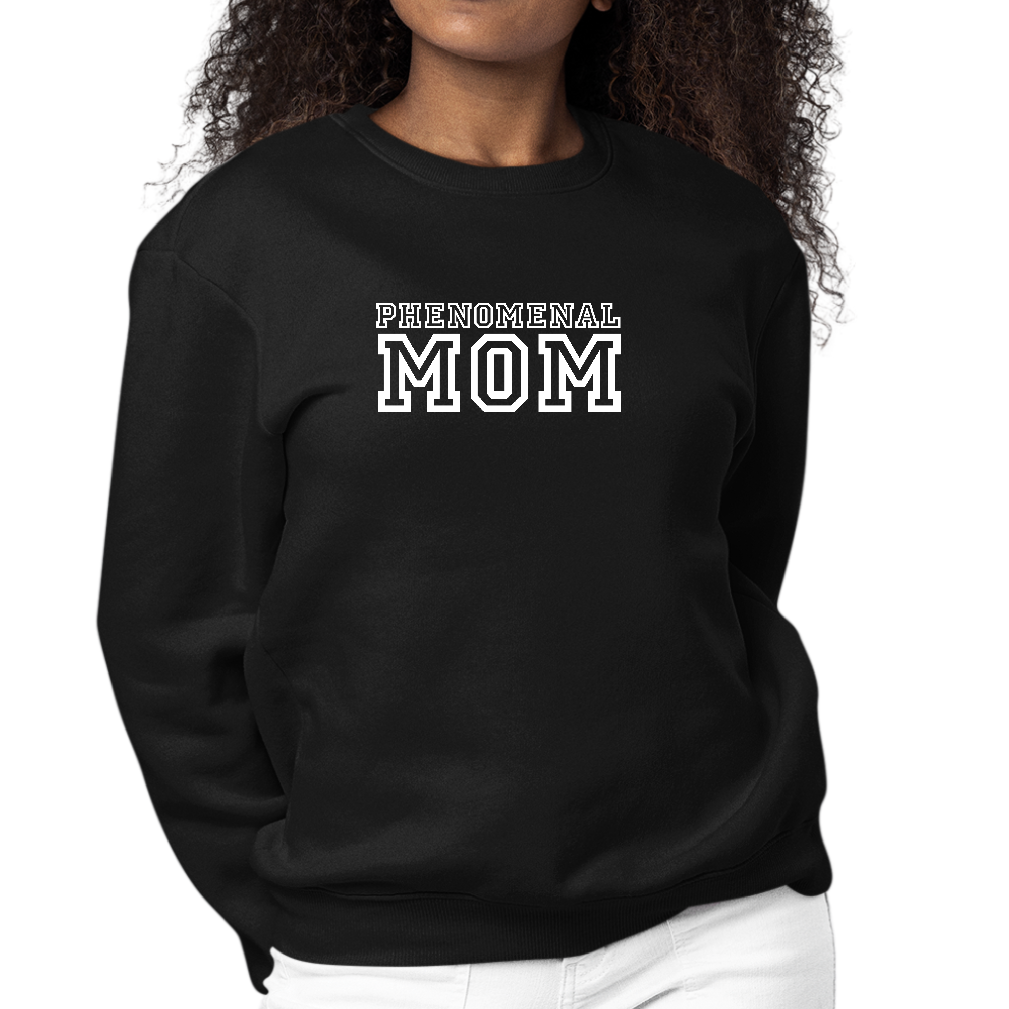 Womens Graphic Sweatshirt featuring a Phenomenal Mom Print, showcasing cozy fleece material and classic crewneck design.