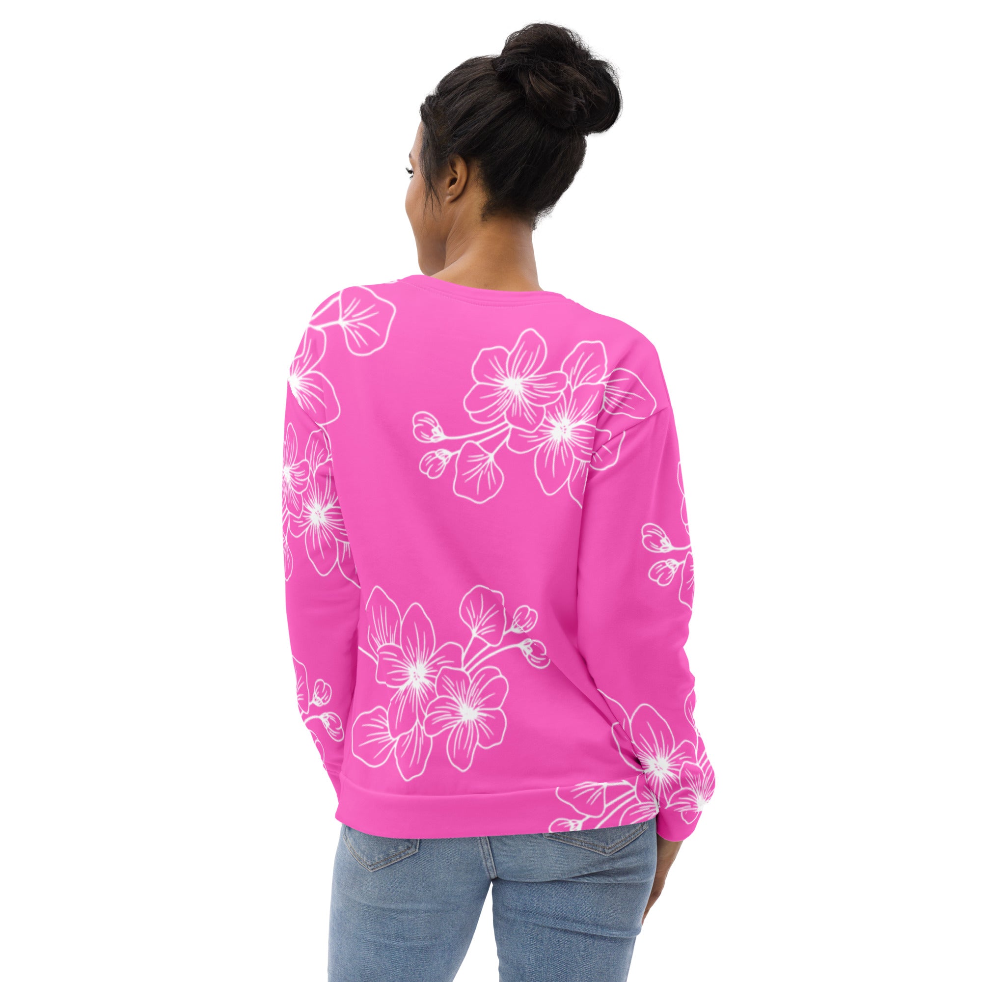 Womens Graphic Sweatshirt featuring a vibrant pink floral pattern, showcasing its soft fabric and unique design.