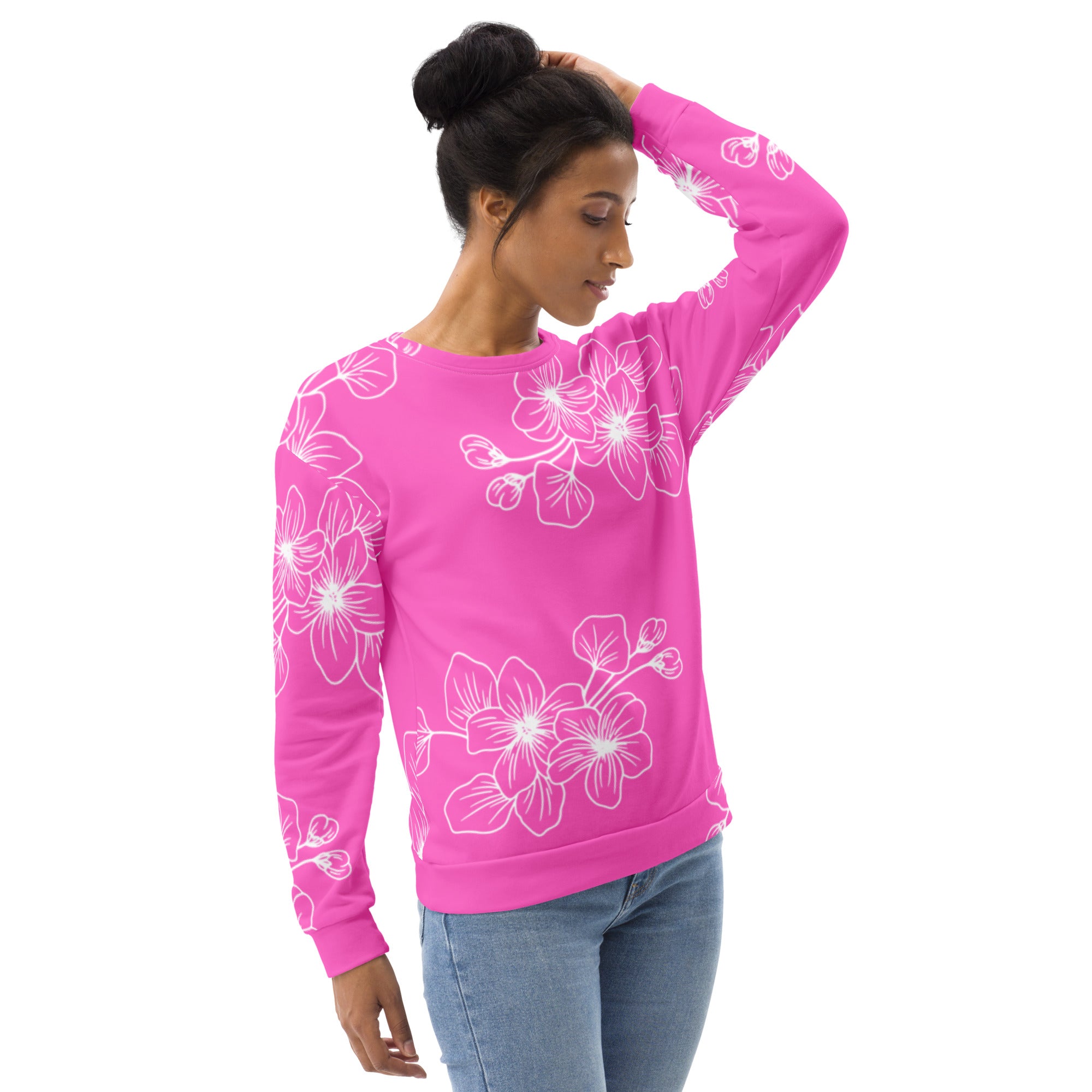 Womens Graphic Sweatshirt featuring a vibrant pink floral pattern, showcasing its soft fabric and unique design.