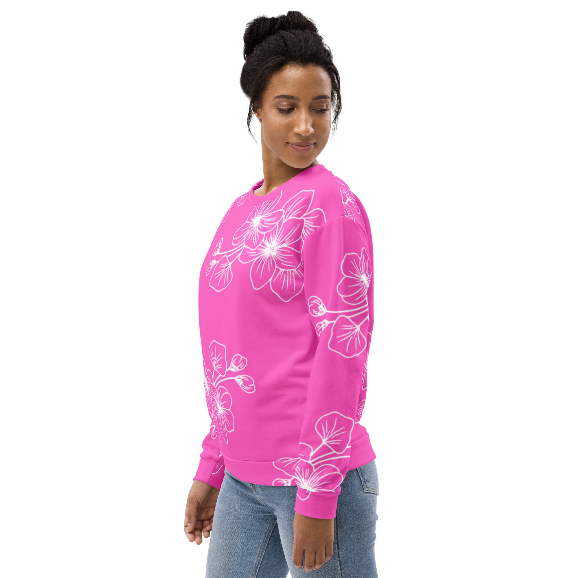 Womens Graphic Sweatshirt featuring a vibrant pink floral pattern, showcasing its soft fabric and unique design.