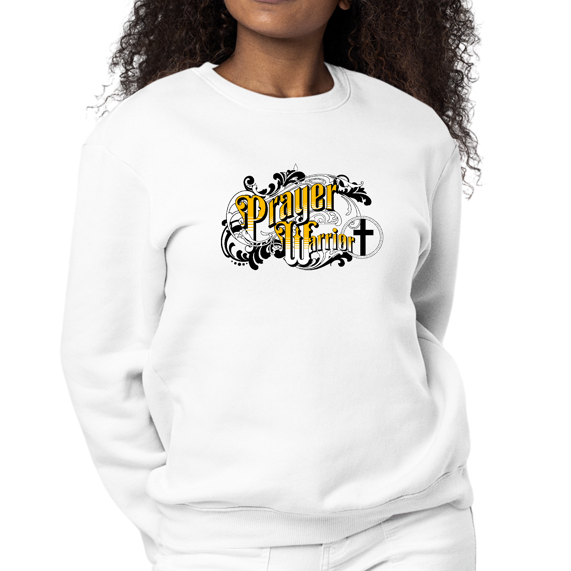 Women's Graphic Sweatshirt featuring a Prayer Warrior Victorian Style illustration, showcasing soft fabric and unique design.