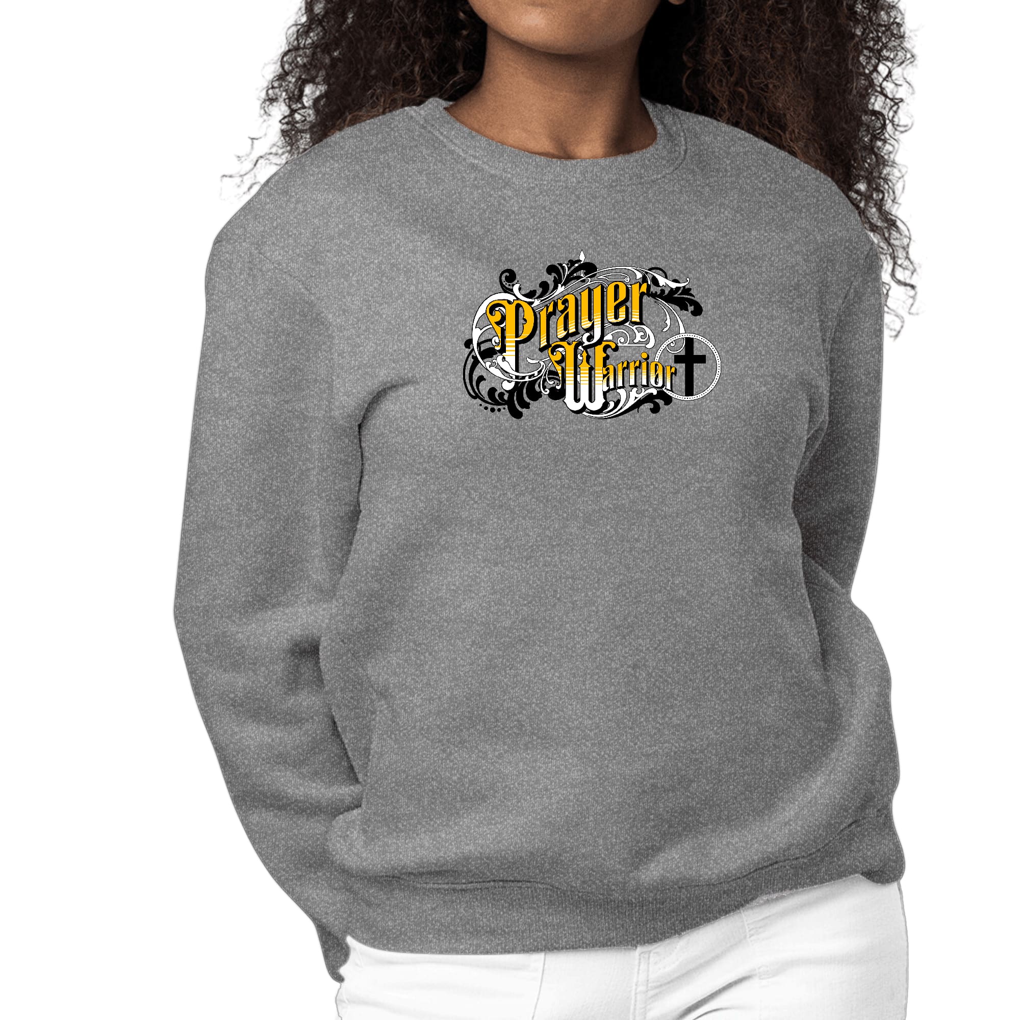 Women's Graphic Sweatshirt featuring a Prayer Warrior Victorian Style illustration, showcasing soft fabric and unique design.