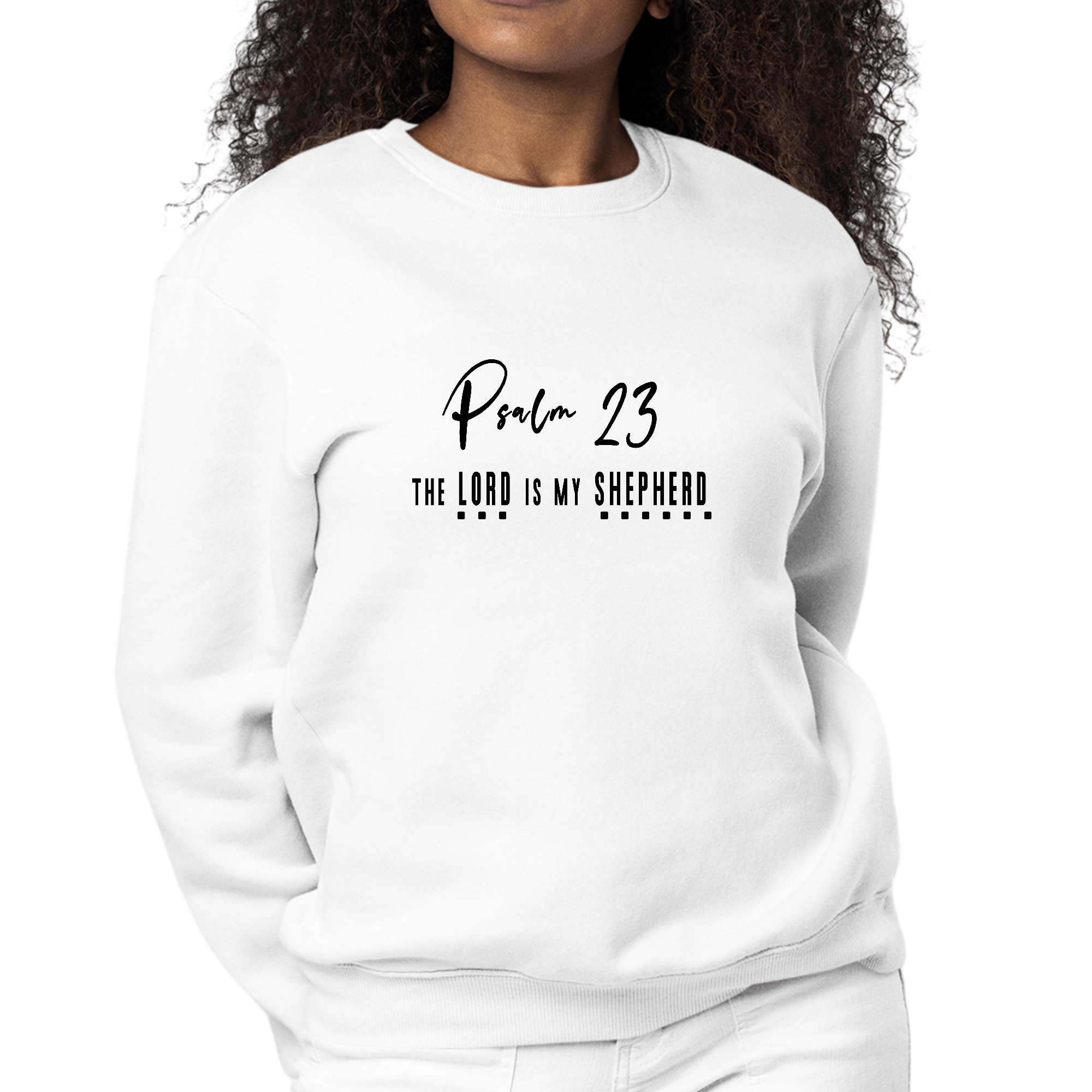 Women's Graphic Sweatshirt with Psalm 23 'The Lord is my Shepherd' in black print, showcasing a cozy crewneck design.