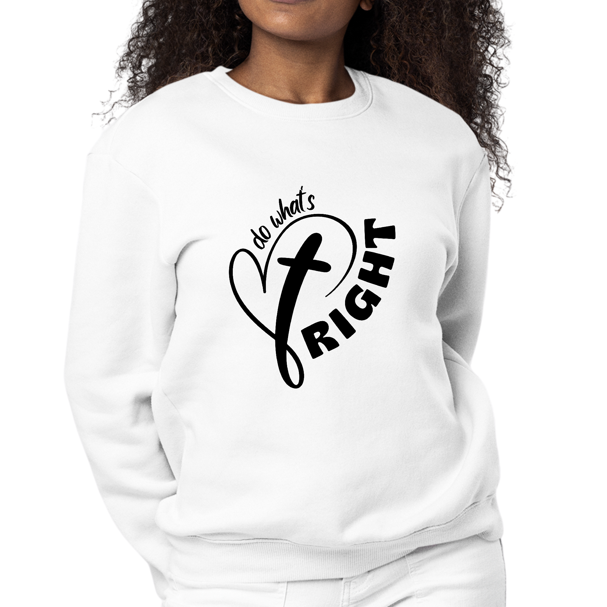 Womens Graphic Sweatshirt Say it Soul - Do What's Right in black with a stylish graphic design, showcasing its cozy fleece material and classic crewneck style.