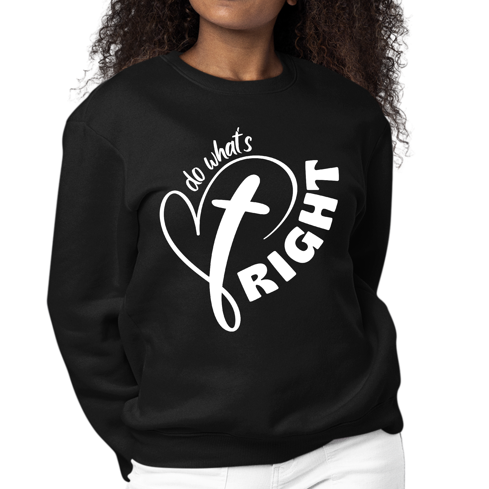 Women's long sleeve graphic sweatshirt featuring the phrase 'Say it Soul - do What's Right', designed for comfort and durability.